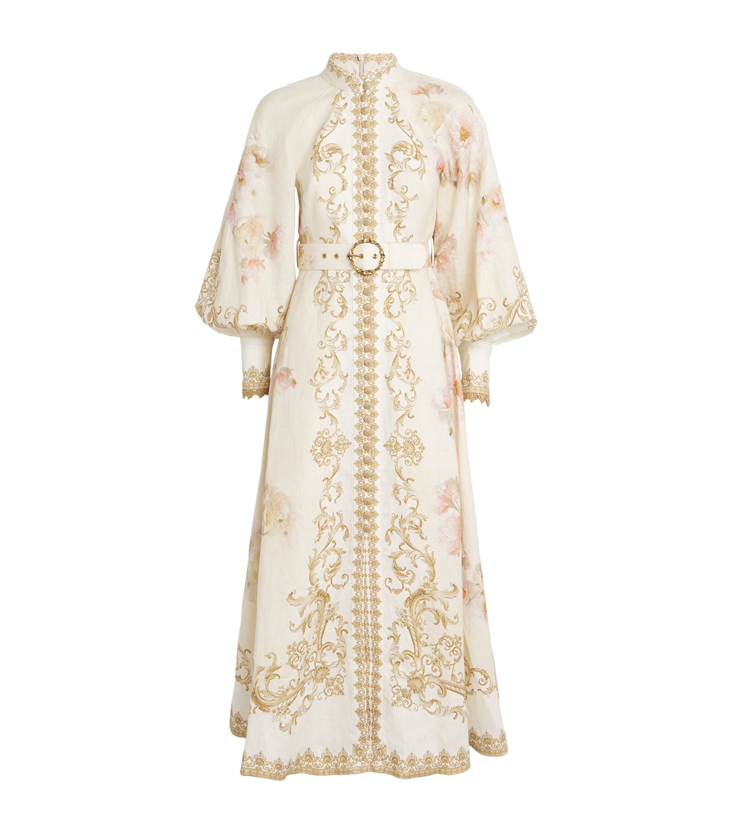 Zimmermann Womens Cream Peony Printed Silk-belt Buttoned Linen Midi Dress Xxs In Neutral