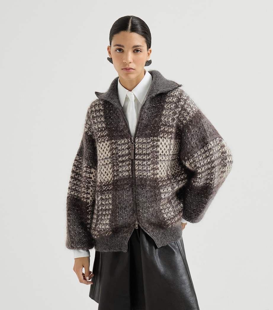 Brunello Cucinelli Womens Knitted Check Jacket Beige+grey Image 4
