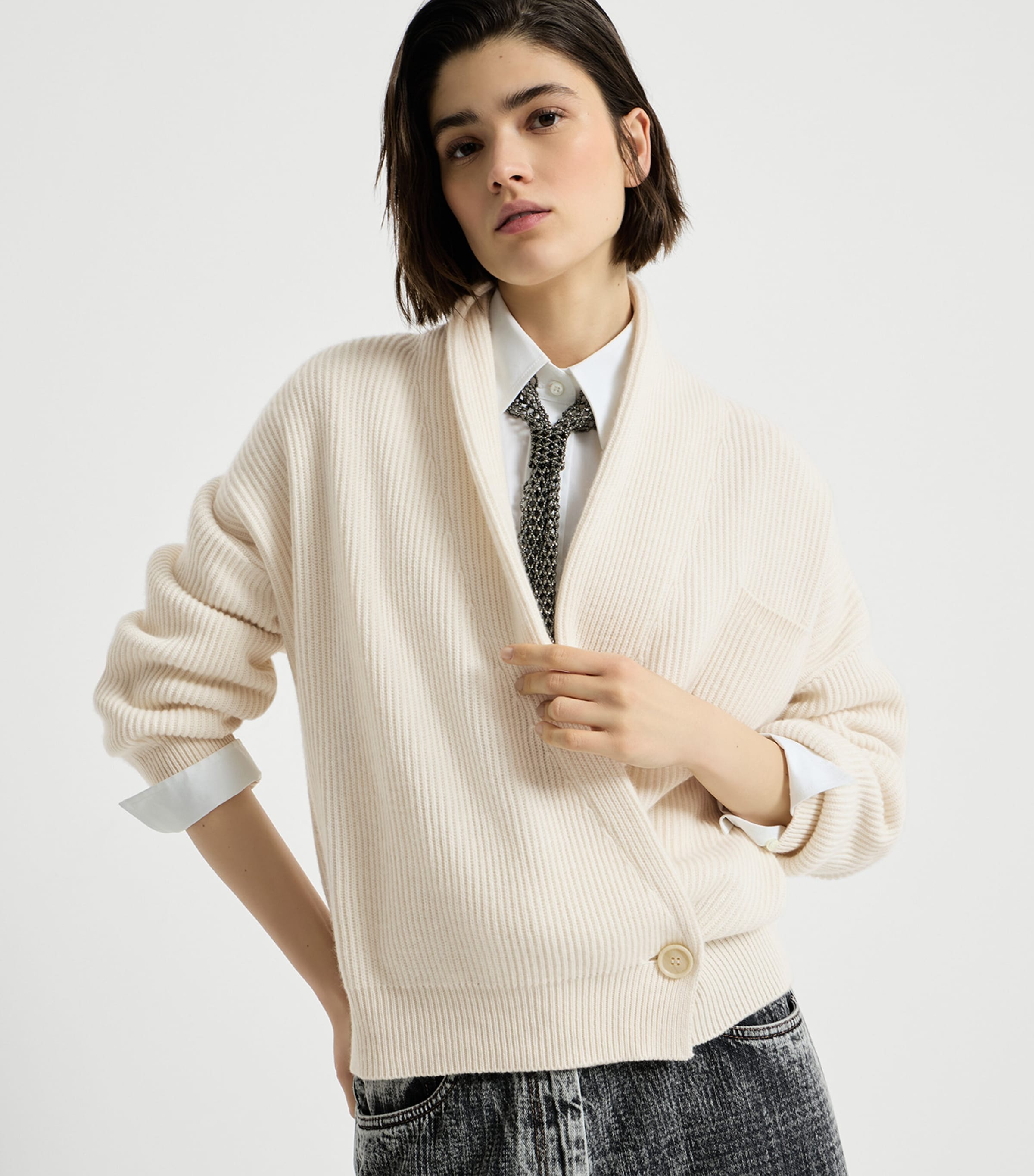 Brunello Cucinelli Womens Cashmere English Rib Asymmetric Cardigan English White Image 2
