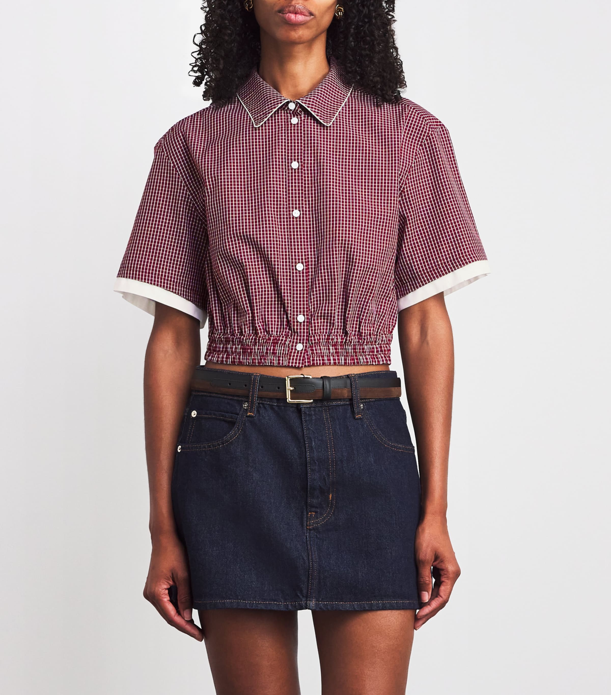 Cotton Check Cropped Shirt BURGUNDY PRINT Image 3