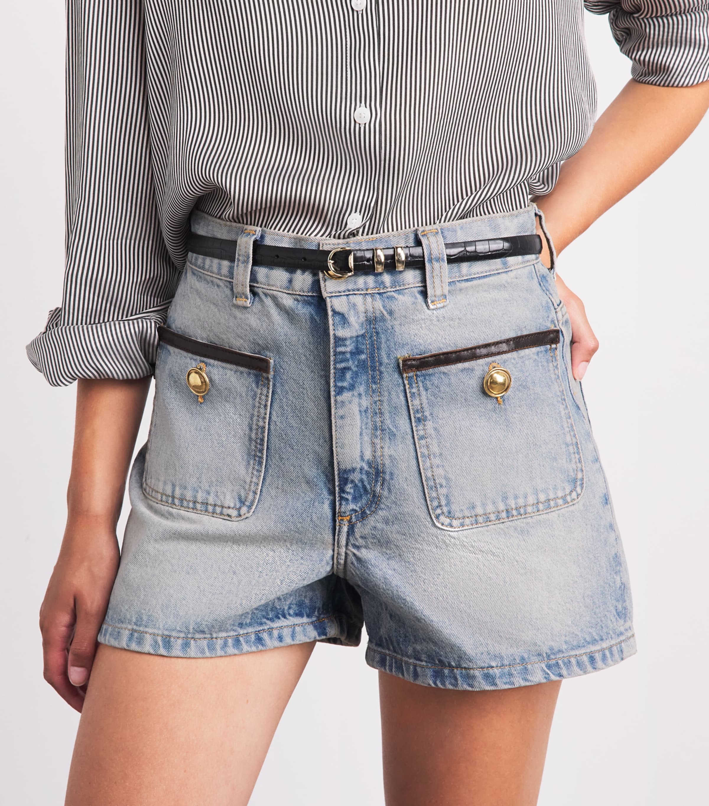 Sandro Paris Womens Leather-Trim Denim Shorts Blue Jean Image 3