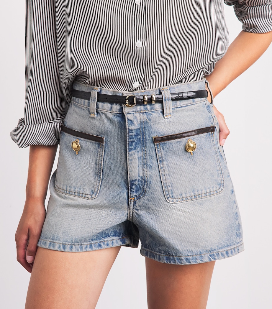 Sandro Paris Womens Leather-Trim Denim Shorts Blue Jean Image 3
