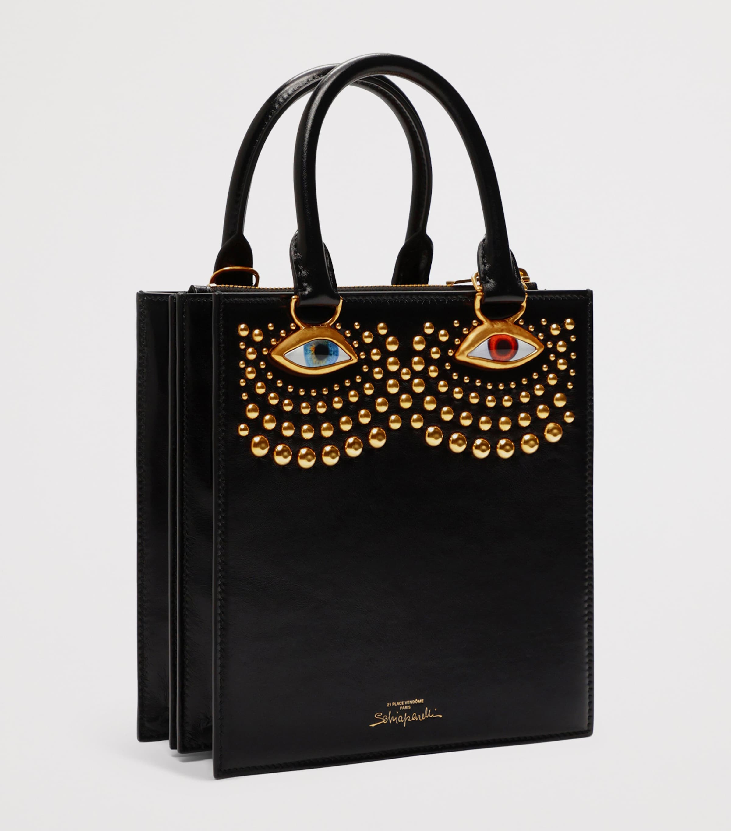 Leather Studded Face Top-Handle Bag 023 GOLD/BLACK Image 3