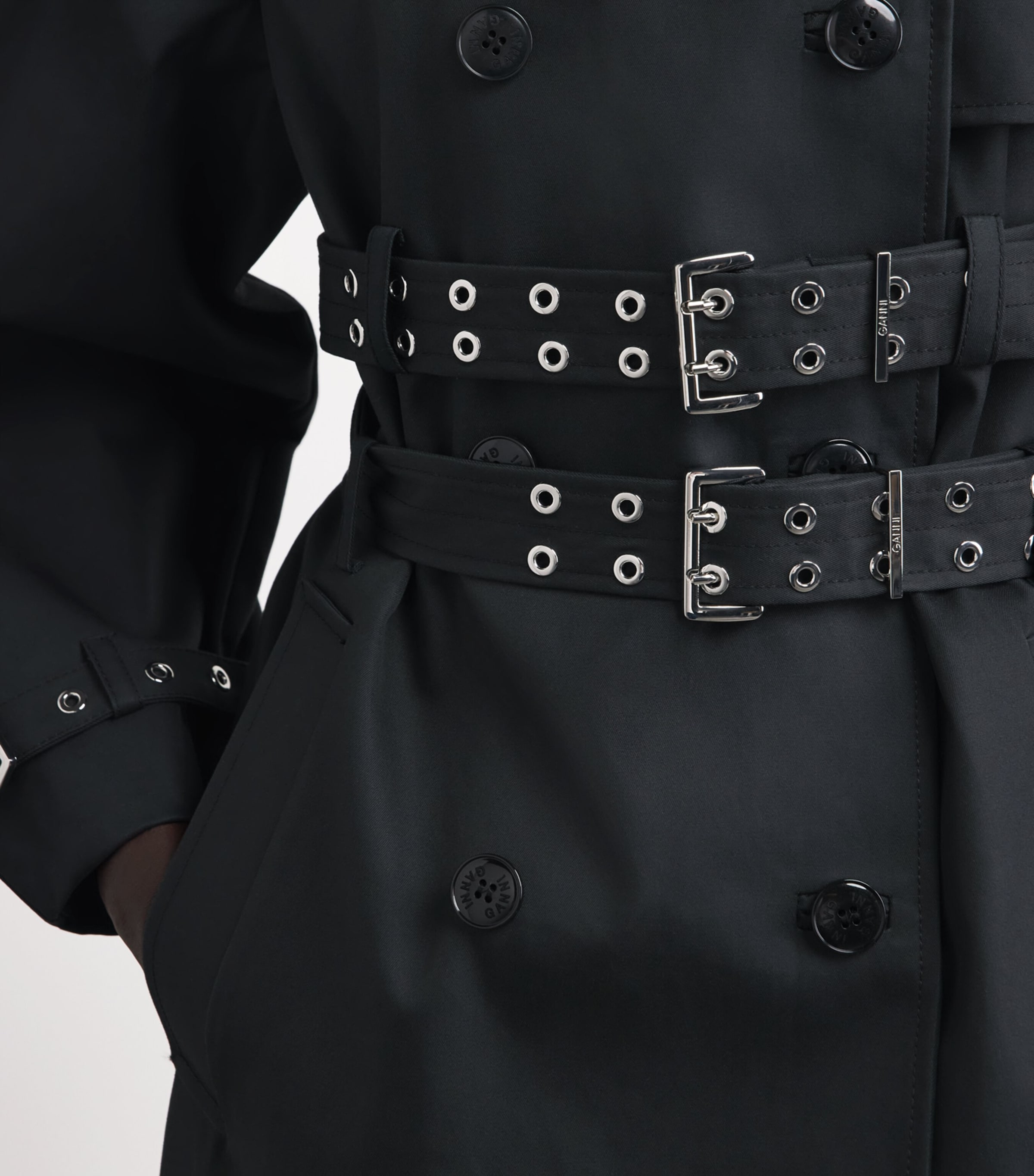 GANNI Womens Organic Cotton Belted Trench Coat Black Image 3