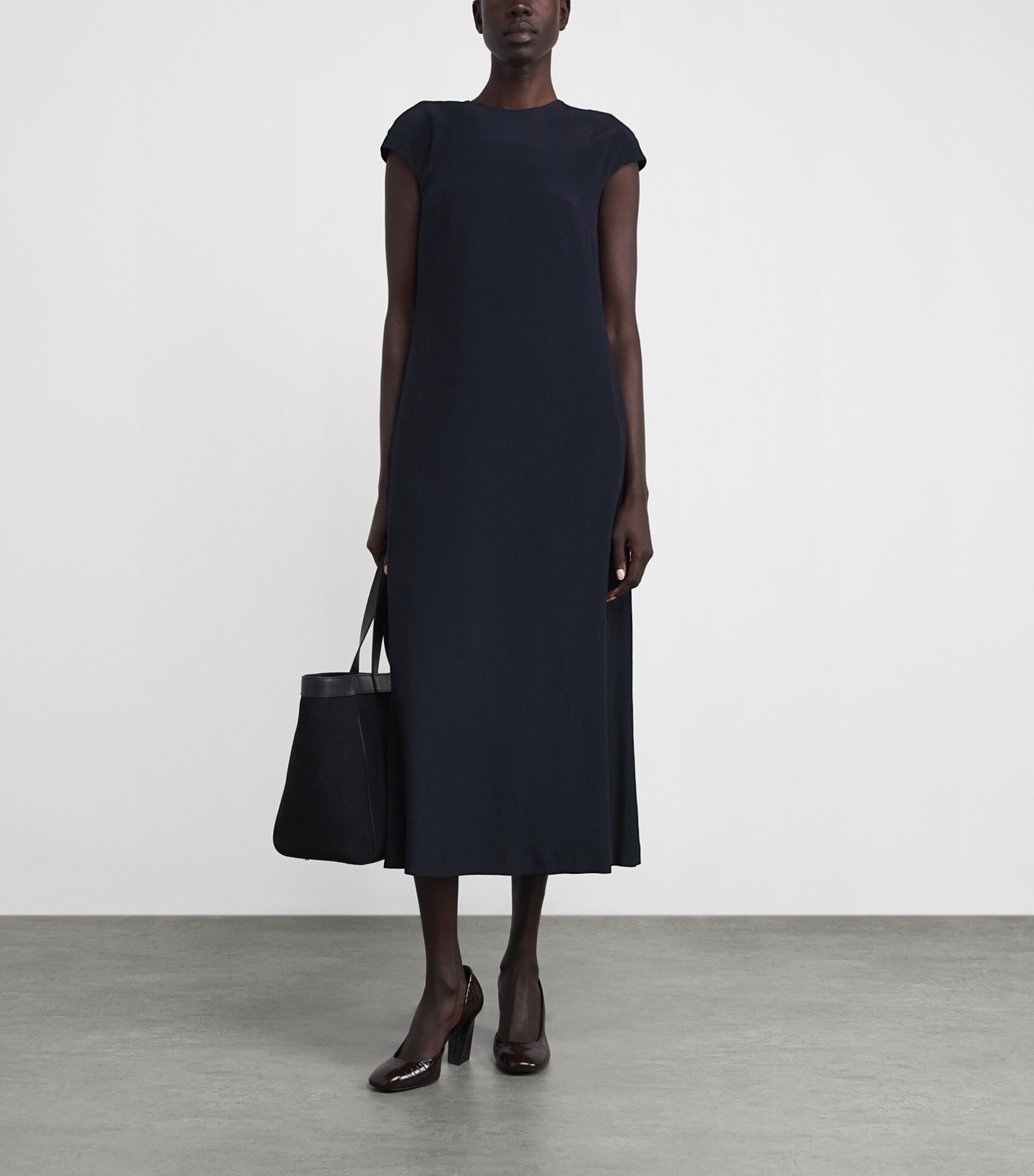 Silk Shirred Midi Dress DARK NAVY Image 2