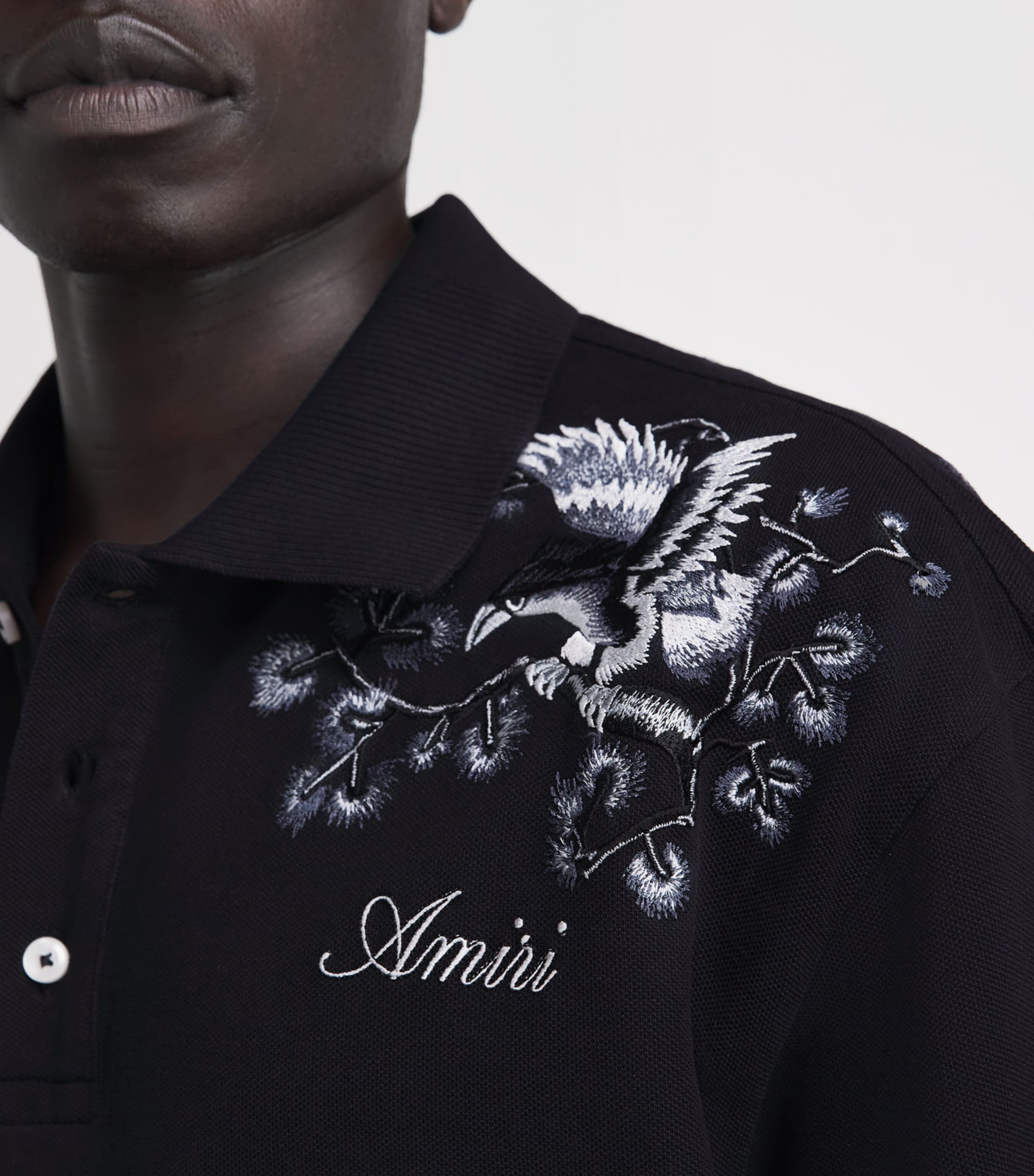 AMIRI Mens Cotton Floral-Embroidered Polo Shirt Black Image 3