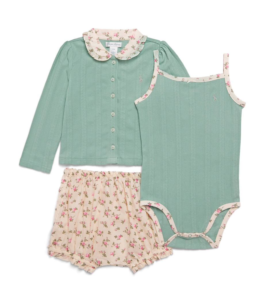 Ralph Lauren Kids Floral Cardigan, Bodysuit and Bloomers Set (3-24 Months) Faded Mint Image 1