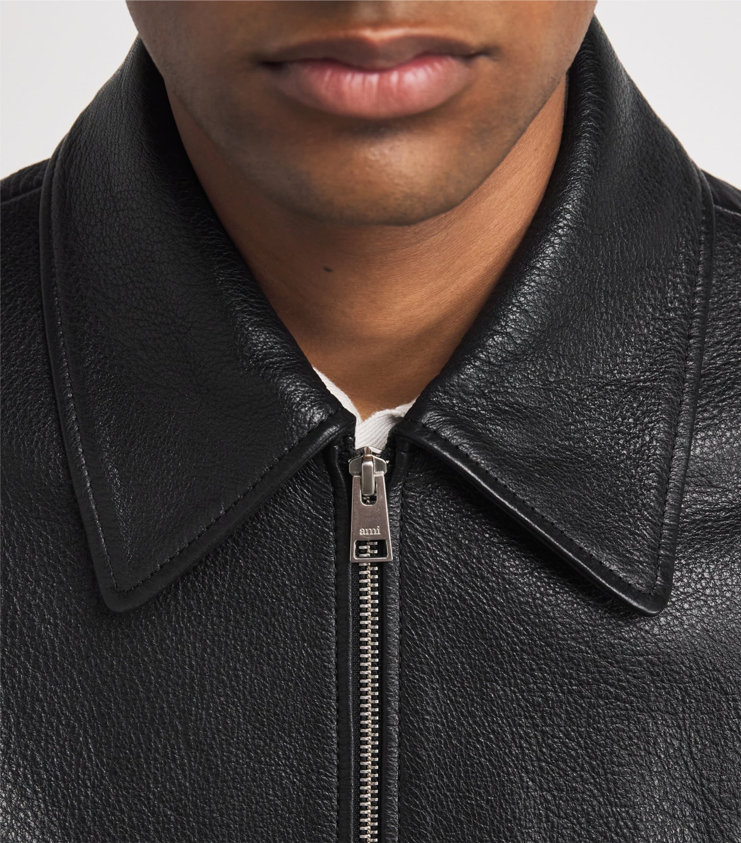 AMI Paris Mens Leather Collared Bomber Jacket Noir Image 3