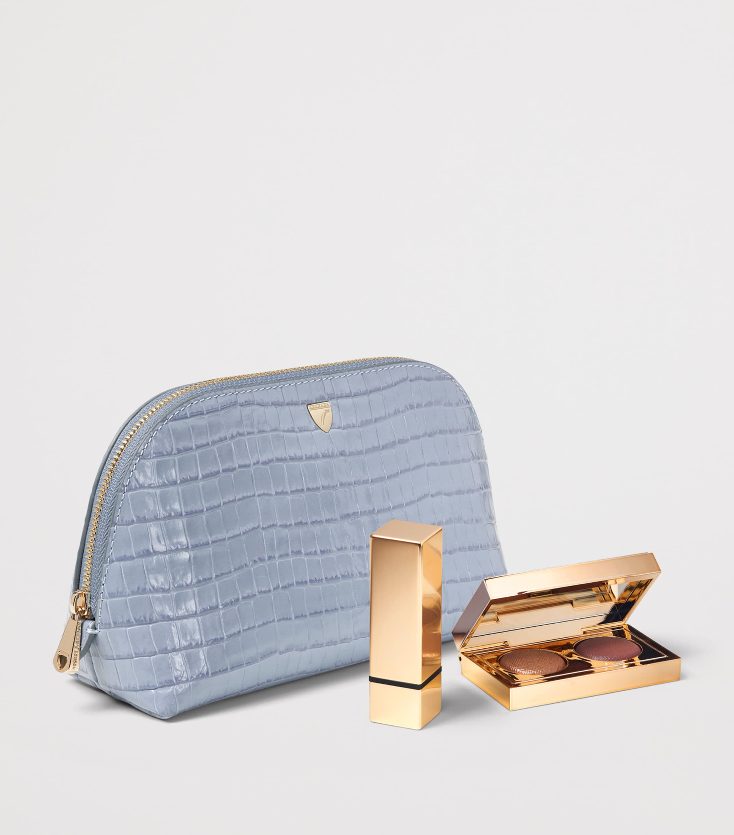 Aspinal Of London Small Leather Croc-Embossed Cosmetic Case Skyblue Image 3