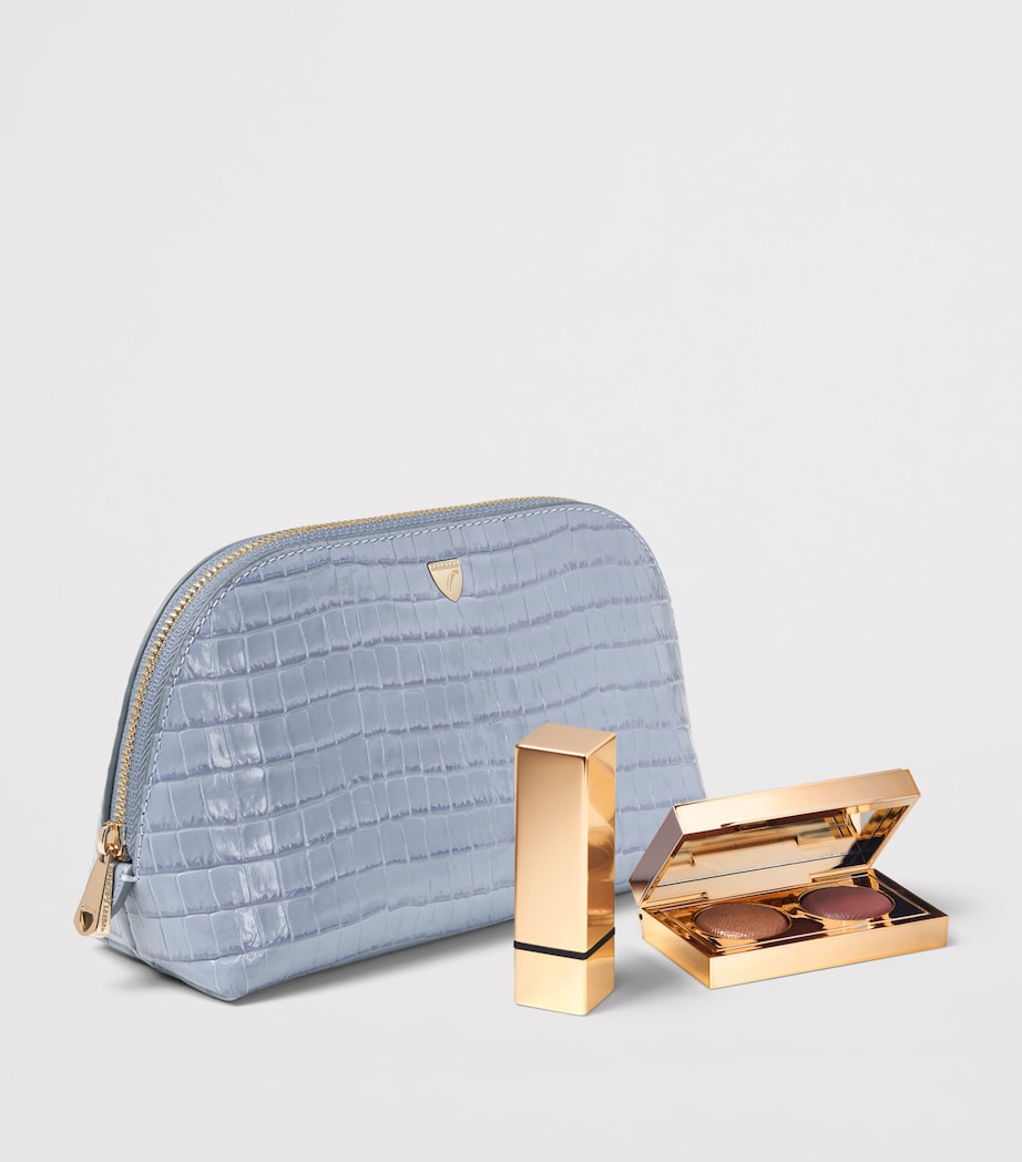 Aspinal Of London Small Leather Croc-Embossed Cosmetic Case Skyblue Image 3