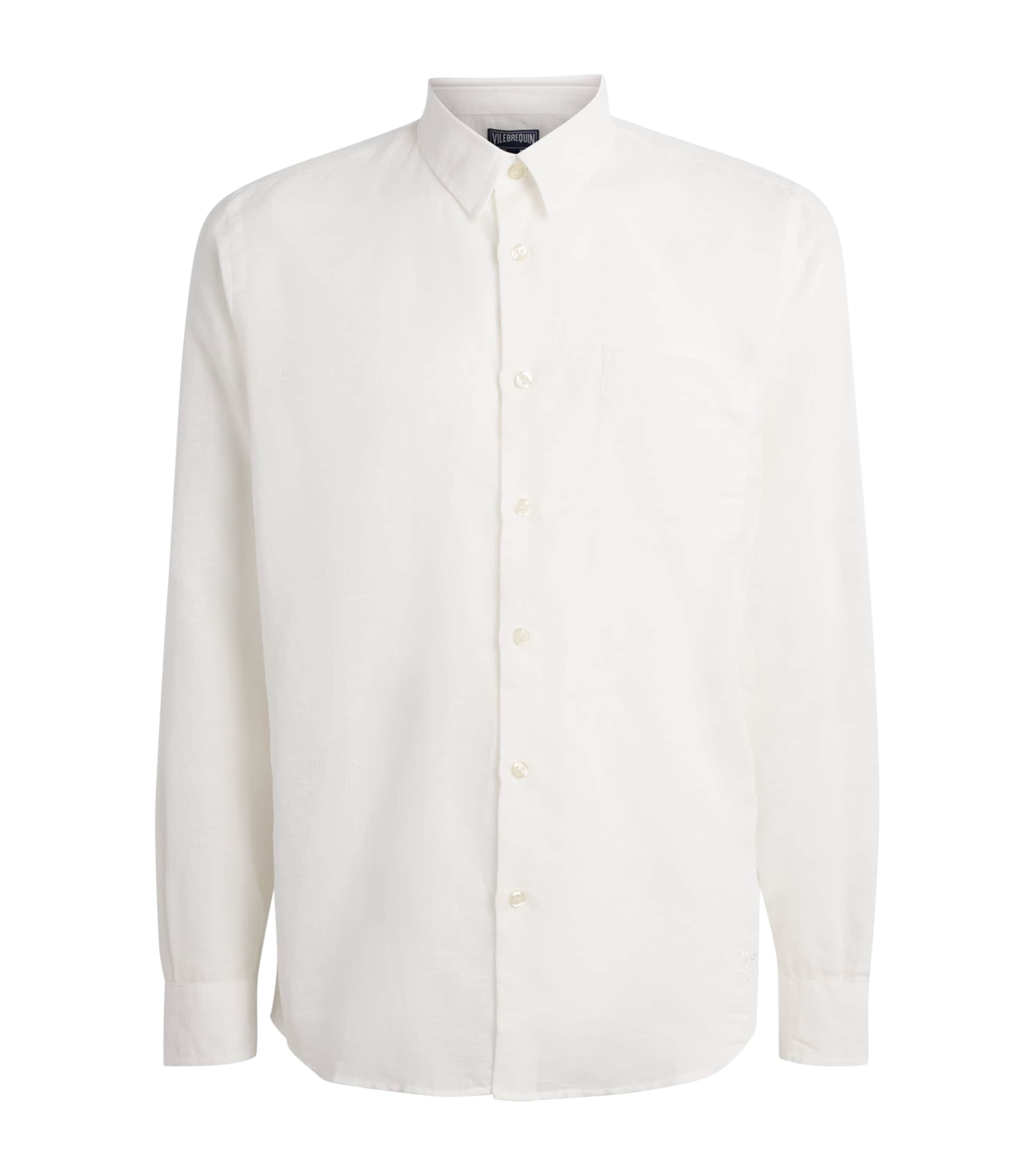 Vilebrequin Mens Cotton-Linen Embroidered Caroubis Shirt Blanc Image 1