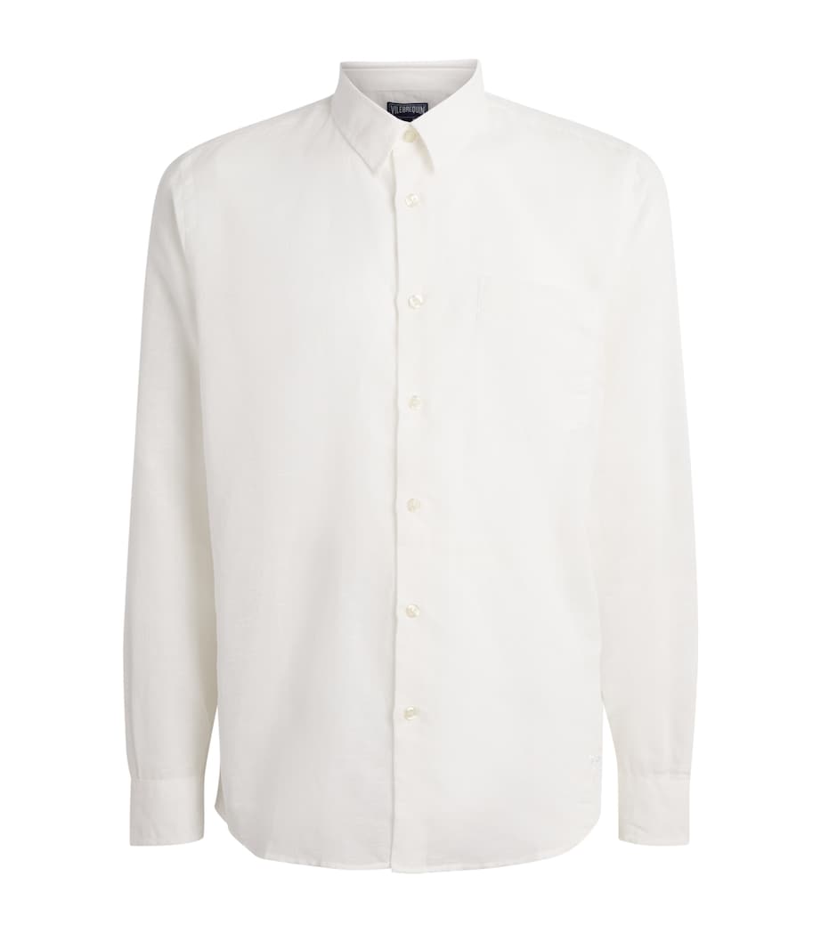 Vilebrequin Mens Cotton-Linen Embroidered Caroubis Shirt Blanc Image 1