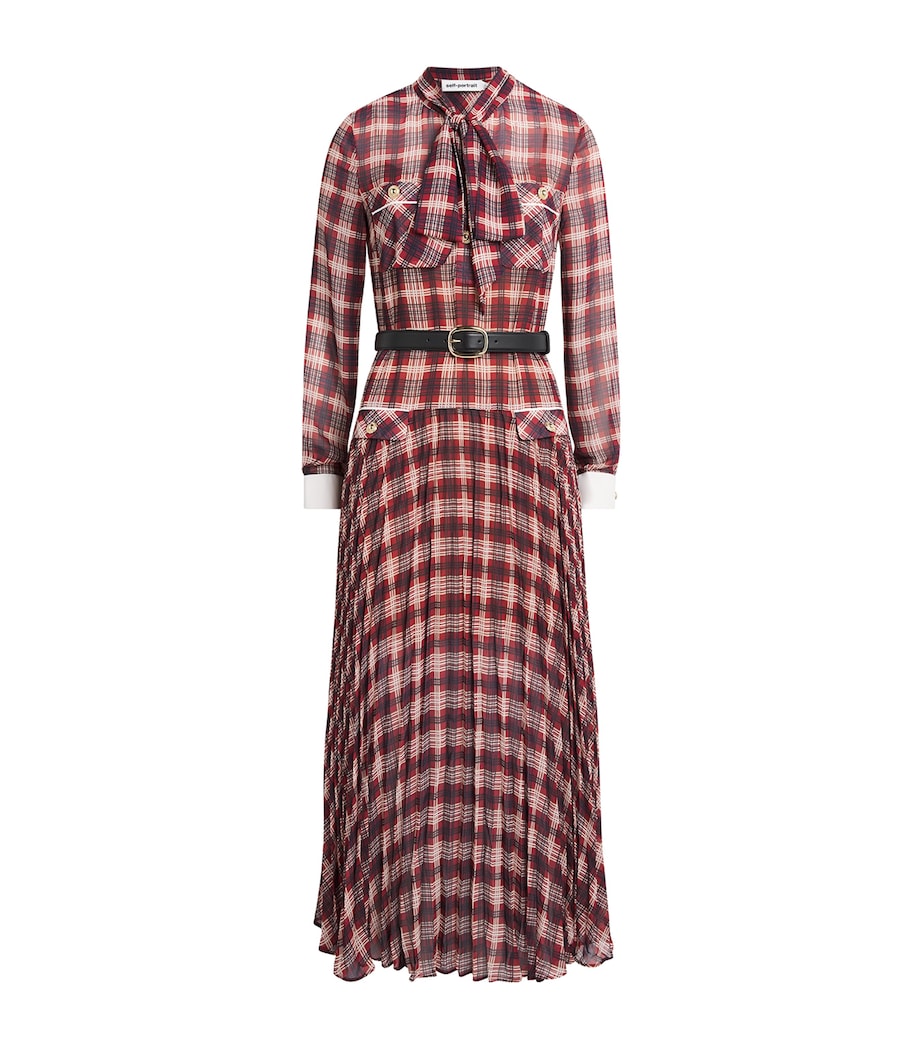 Self-Portrait Womens Chiffon Checked Midi Dress Burgundy Image 1