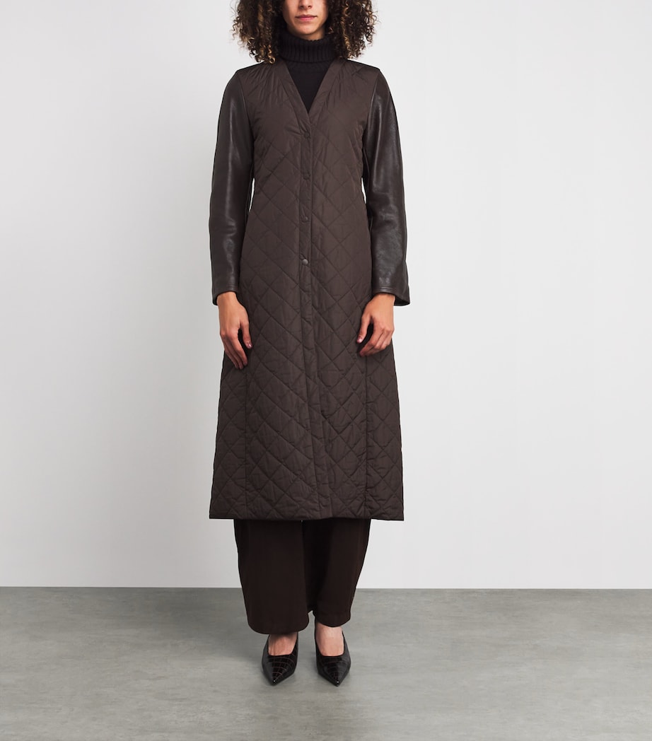 Leather-Sleeve Quilted Coat BROWN Image 3