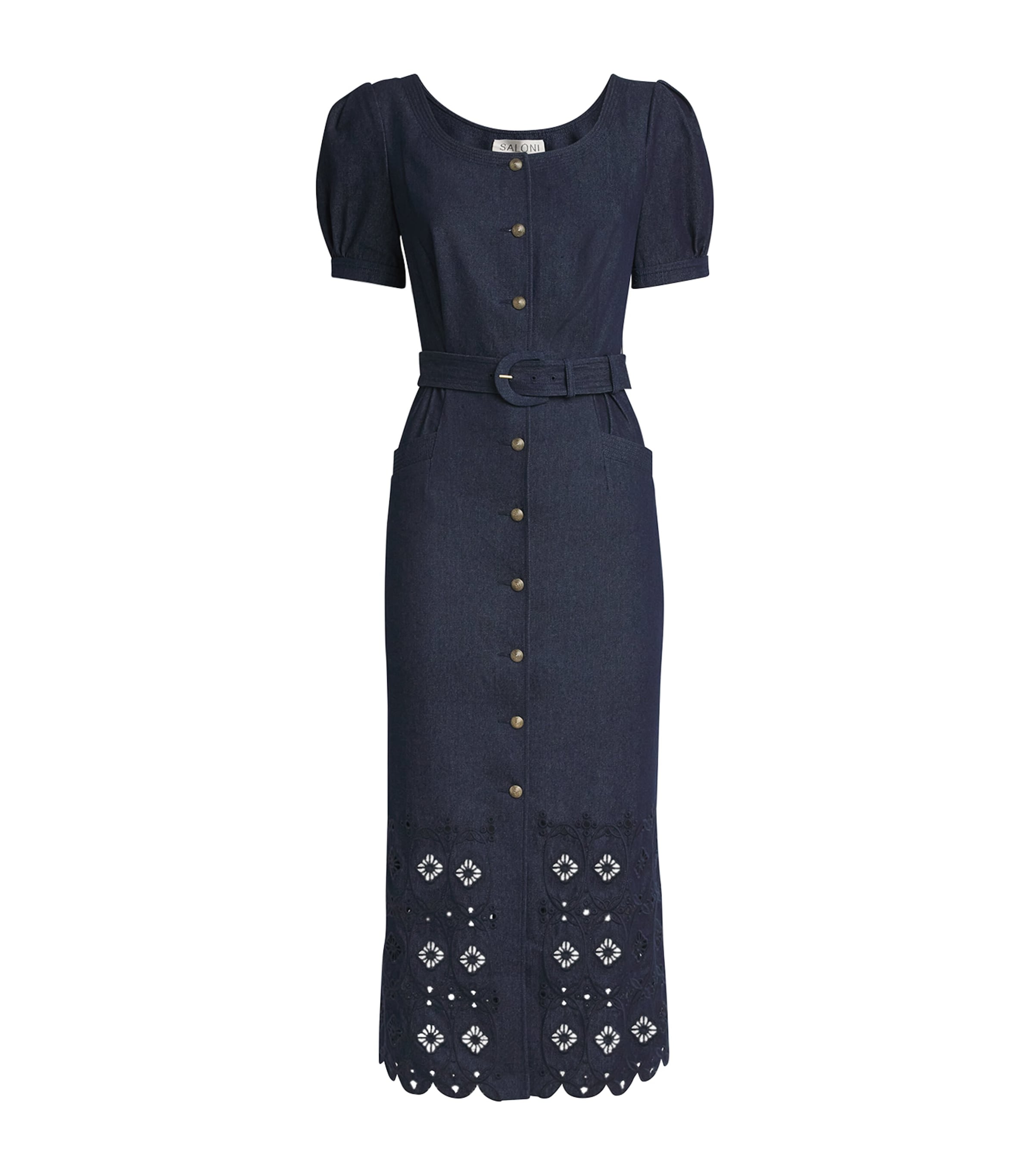 Saloni Denim Embroidered Blanca Midi Dress In Blue