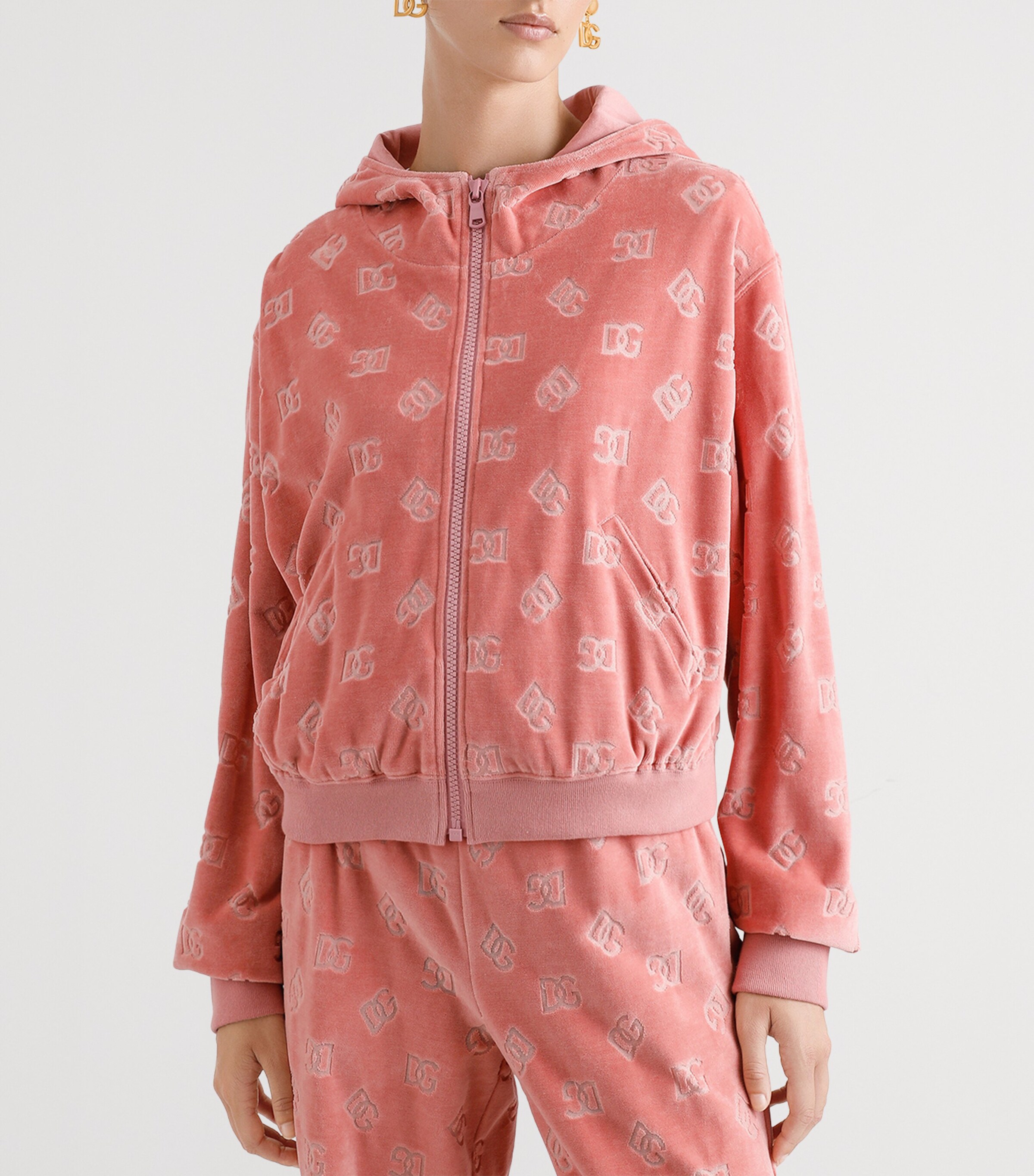 Dolce&Gabbana Womens Velvet Logo Zip-Up Hoodie Dark Po Image 4