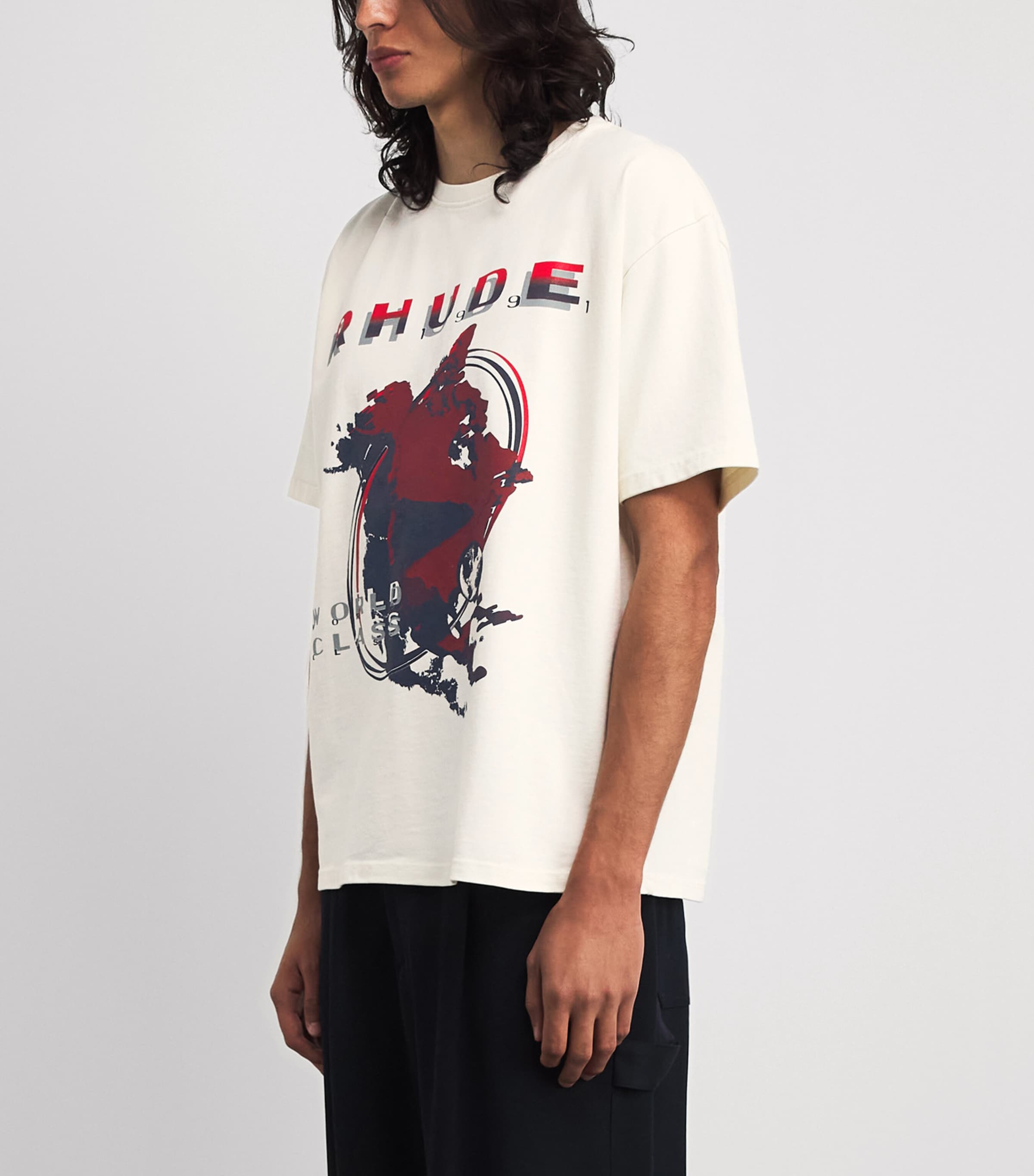 Rhude Mens Cotton Du Monde 91 T-Shirt Vntg Wht/rd/blk Image 4