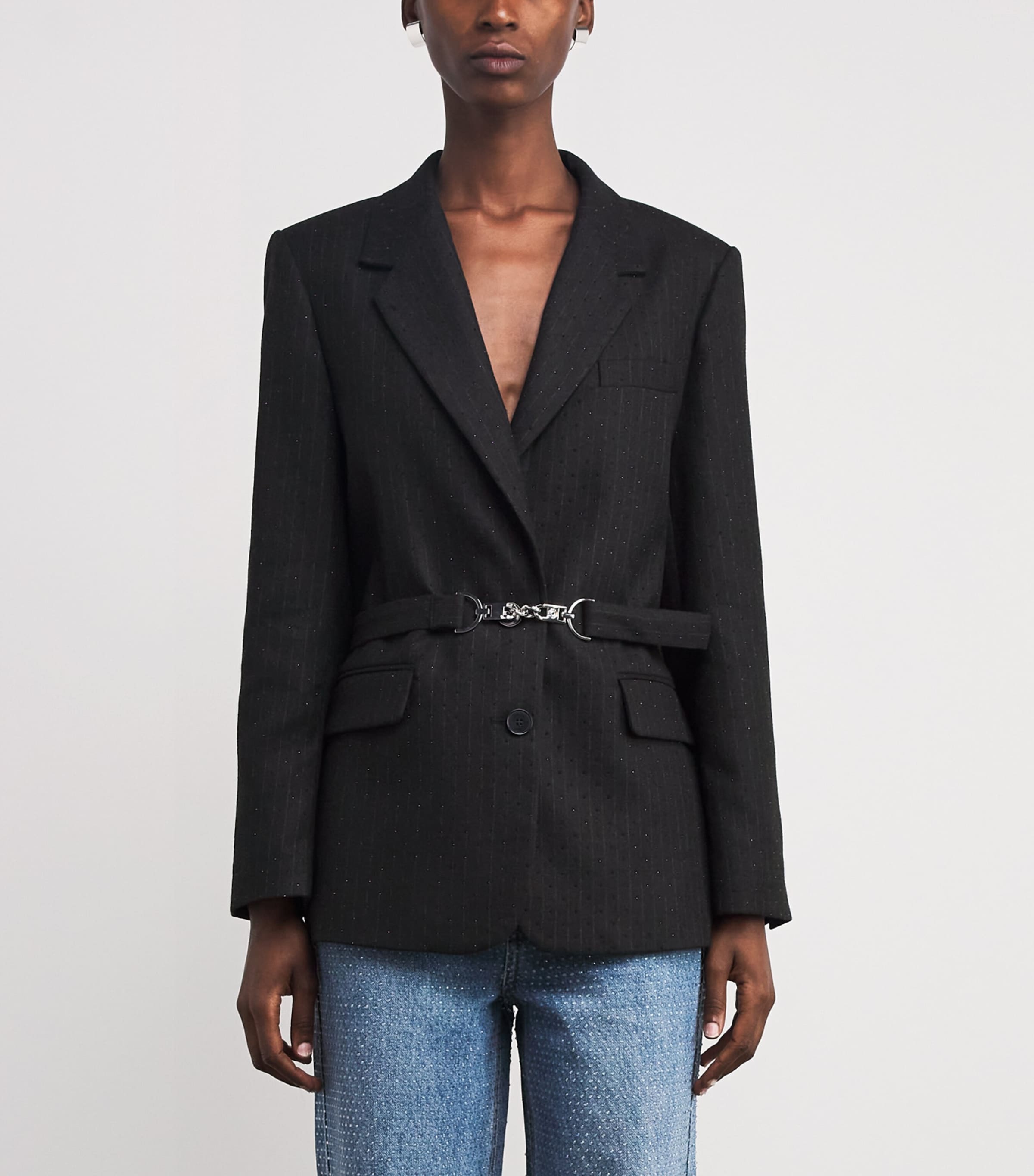 Rhinestone-Embellished Striped Suit Jacket BLACK Image 3