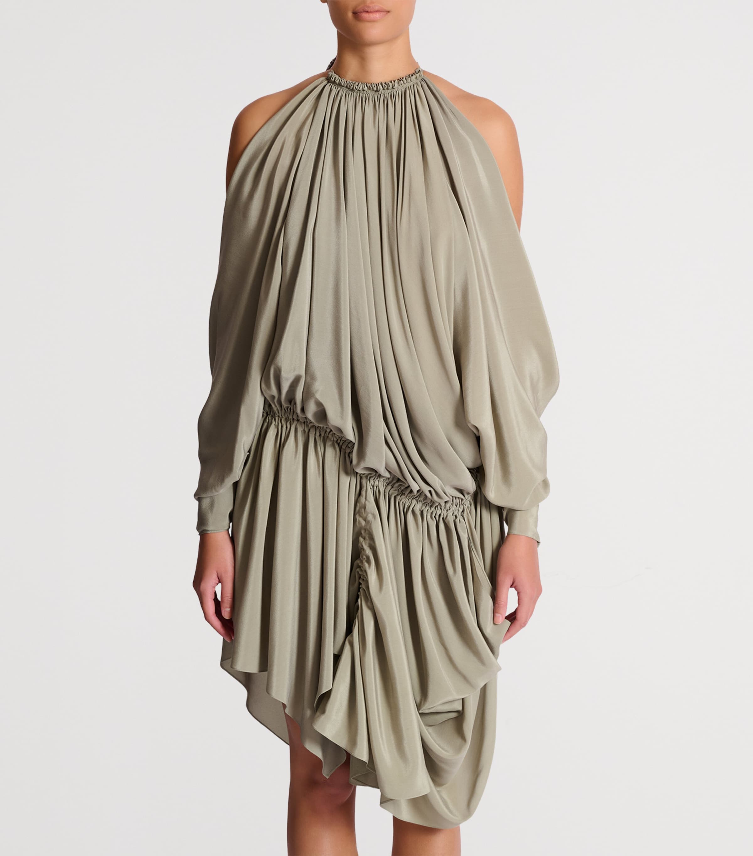 Balmain Womens Silk Crepe Draped Mini Dress Vert Laurier Image 2