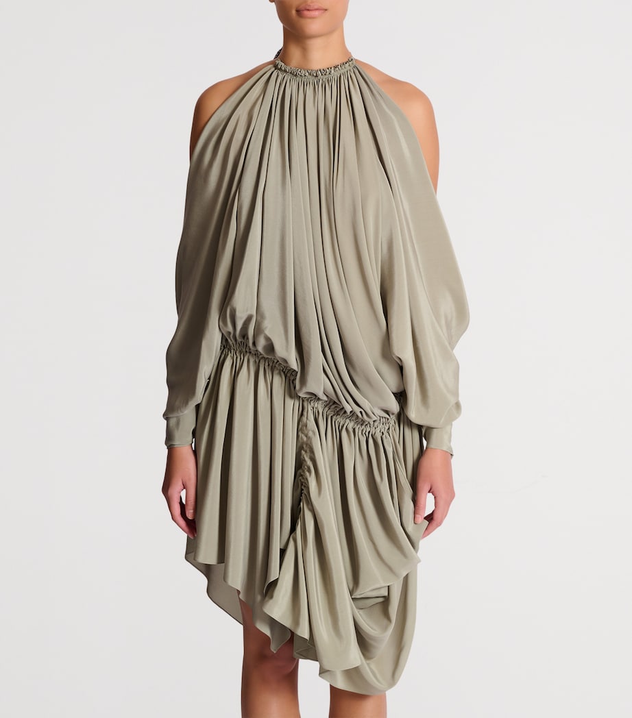 Balmain Womens Silk Crepe Draped Mini Dress Vert Laurier Image 2