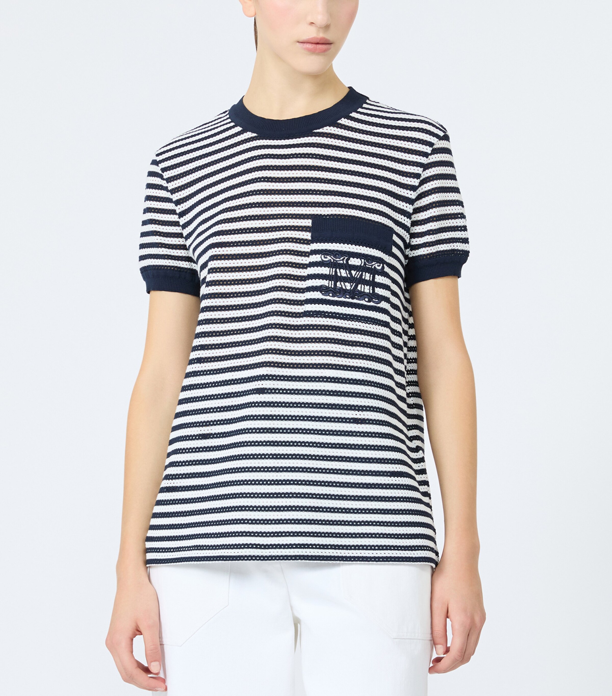 Max Mara Womens Mesh Stripe T-Shirt White Blue Image 3