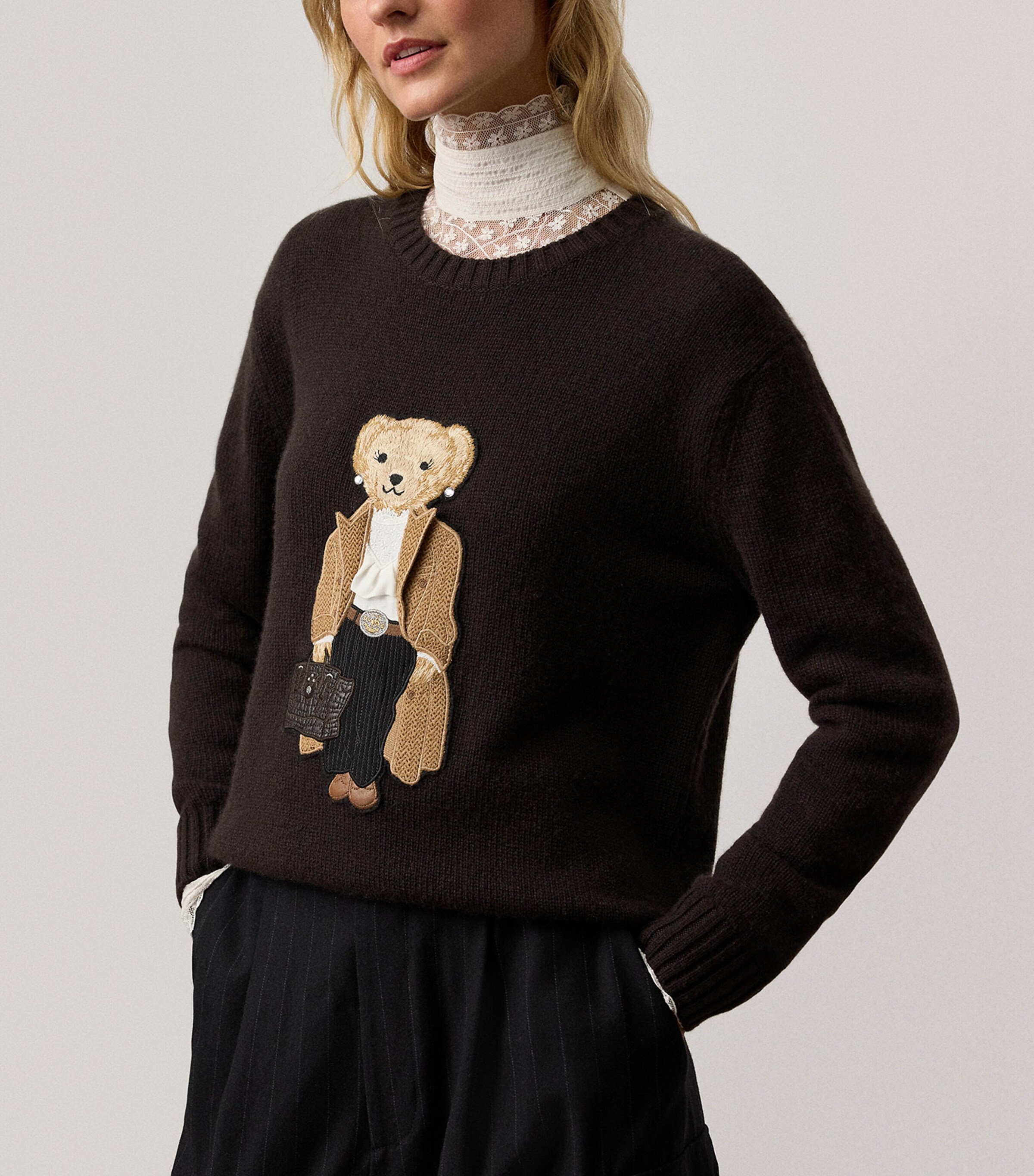 Cashmere Fall Polo Bear Sweater DARK BROWN Image 5