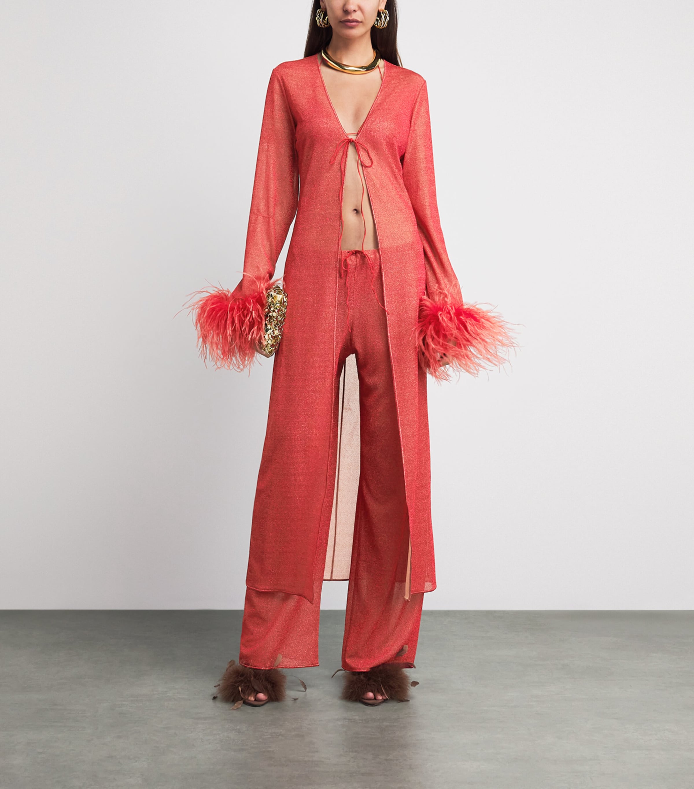 Oséree Womens Feather-Trim Maxi Kaftan Dress Coral Image 2