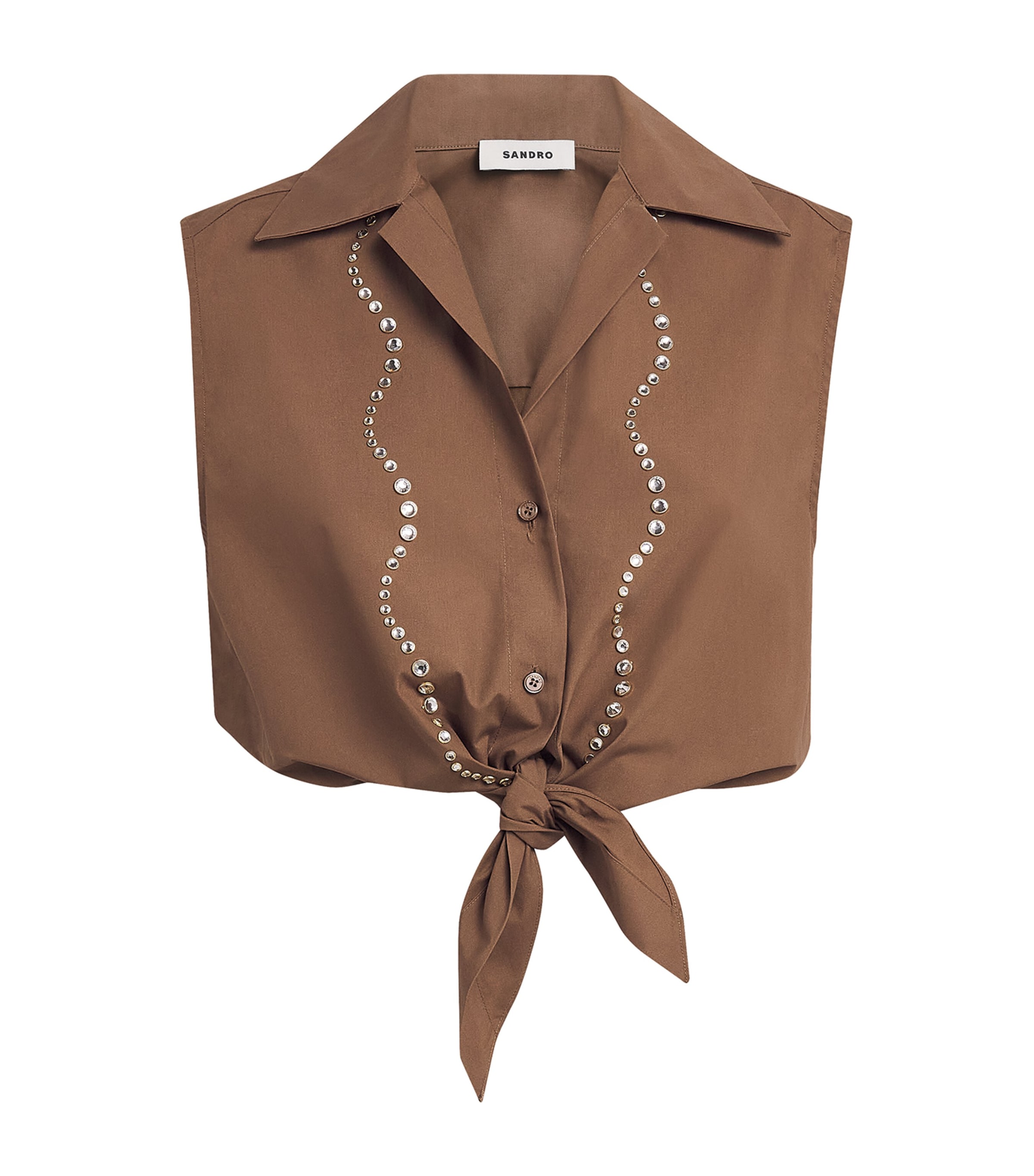Sandro Paris Womens Cotton Embellished Cropped Shirt Brown Image 1