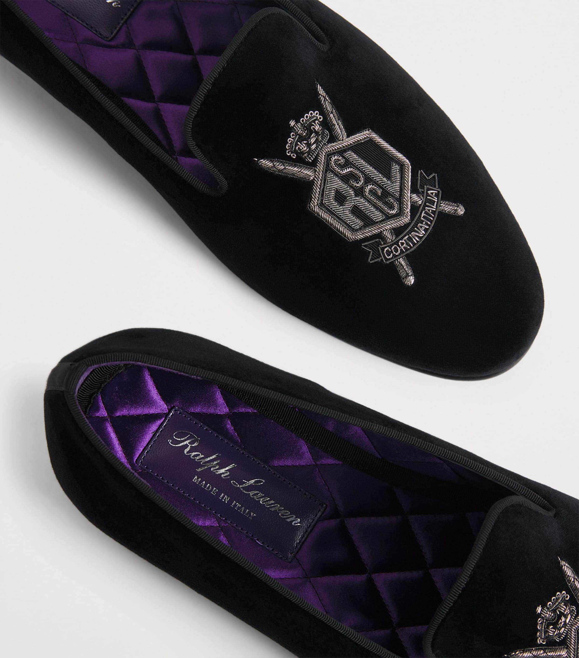 Ralph Lauren Purple Label Size 10 Wool Crest Slippers Shoes Made in Italy New! Embellished with sleek velvet and signature bullion  main image 3