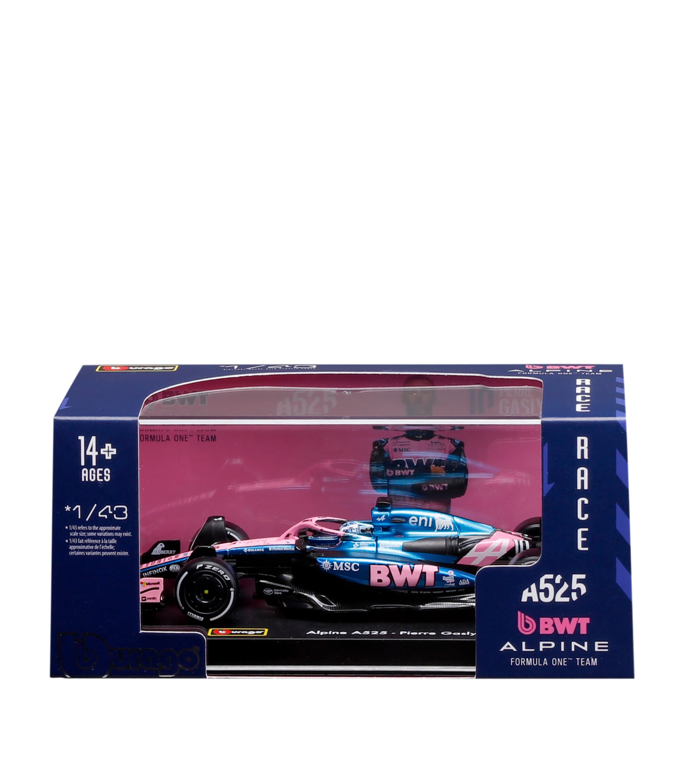 Bburago F1 BWT Alpine A525 2025 1:43 Model and Pierre Gasly's Helmet Display Piece Image 1