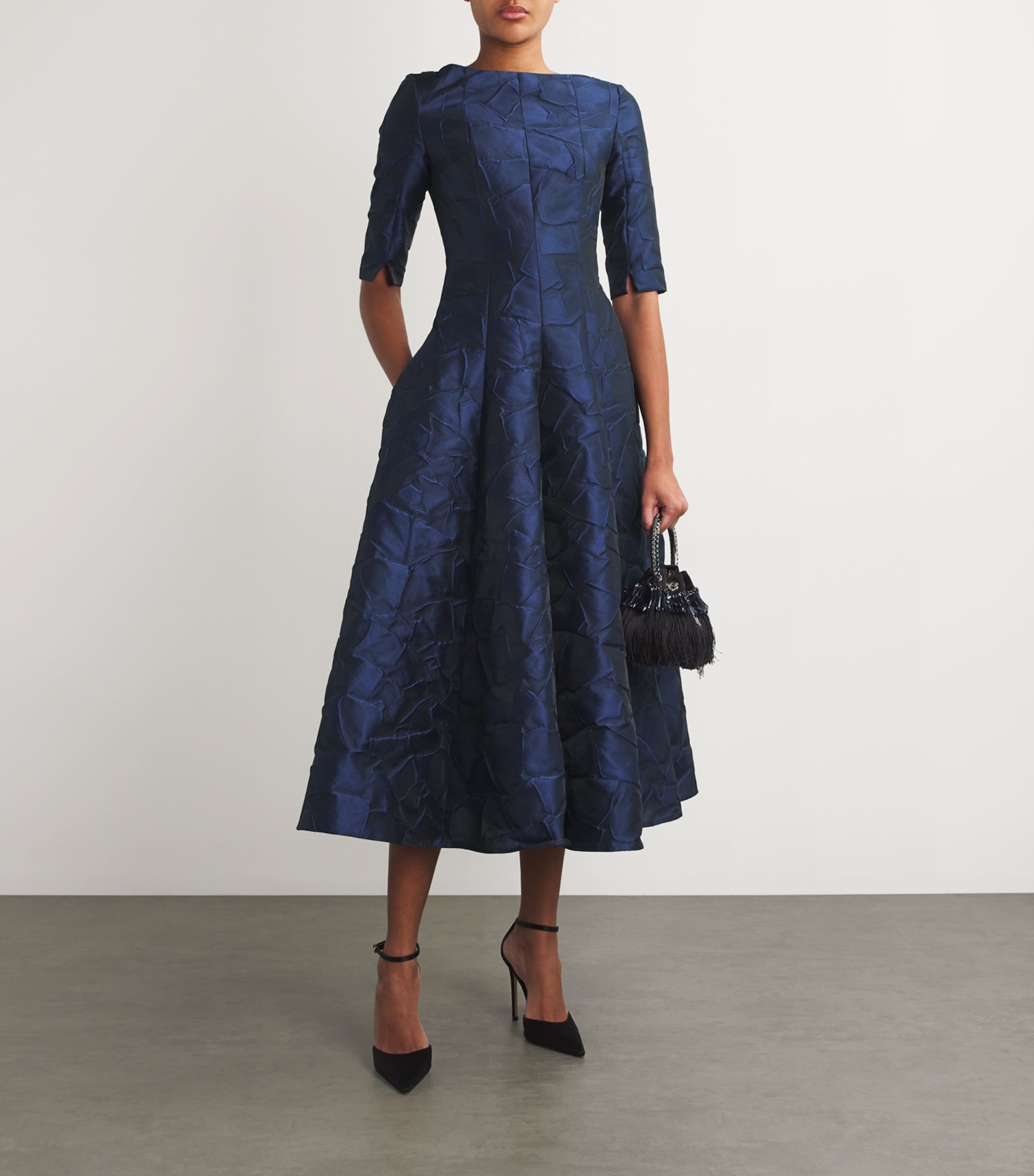 Talbot Runhof Navy Jacquard A-Line Midi Dress | Harrods UK