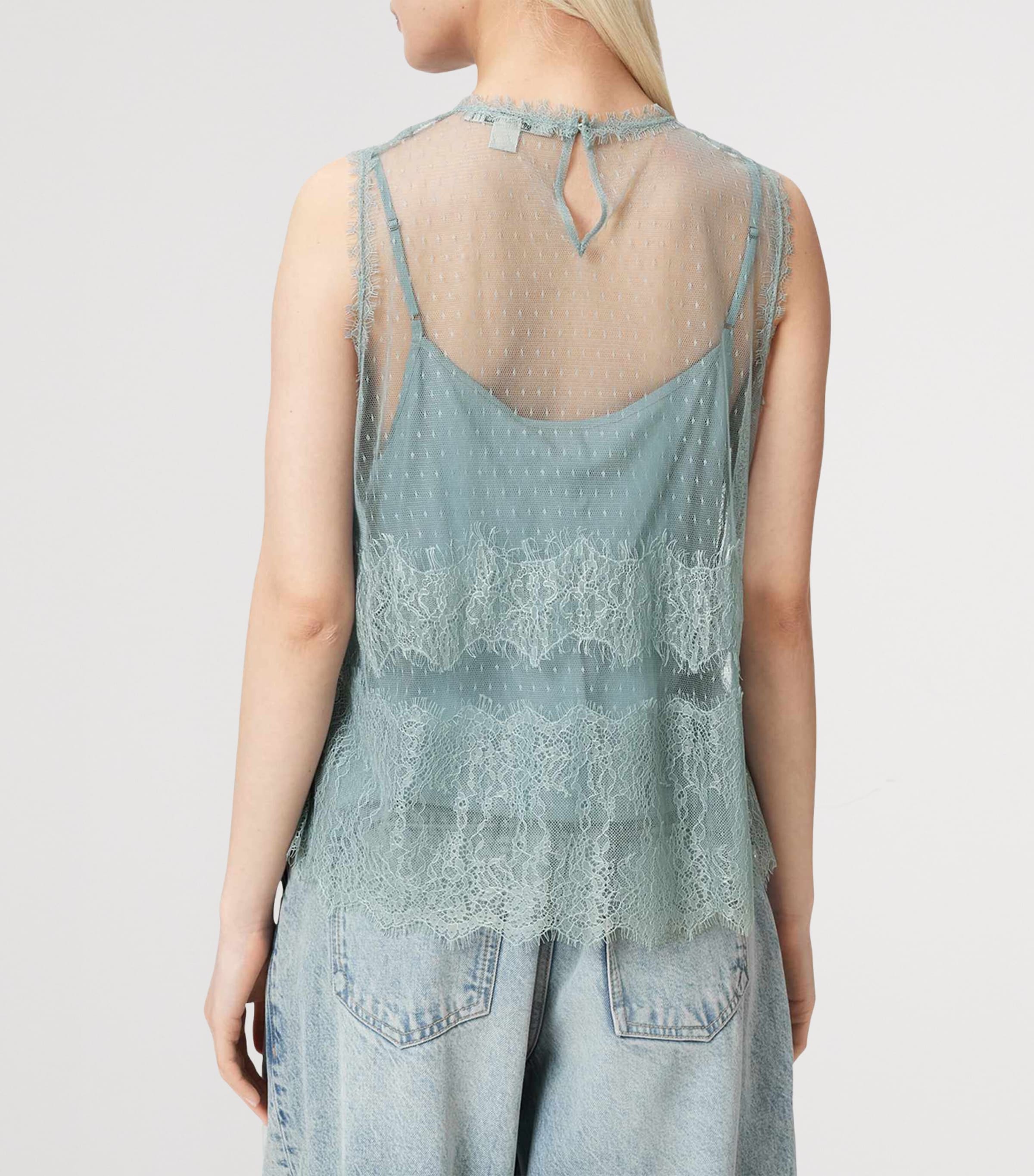 AllSaints Womens Tulle Lace-Trimmed Clara Blouse Dusty Blue Image 4