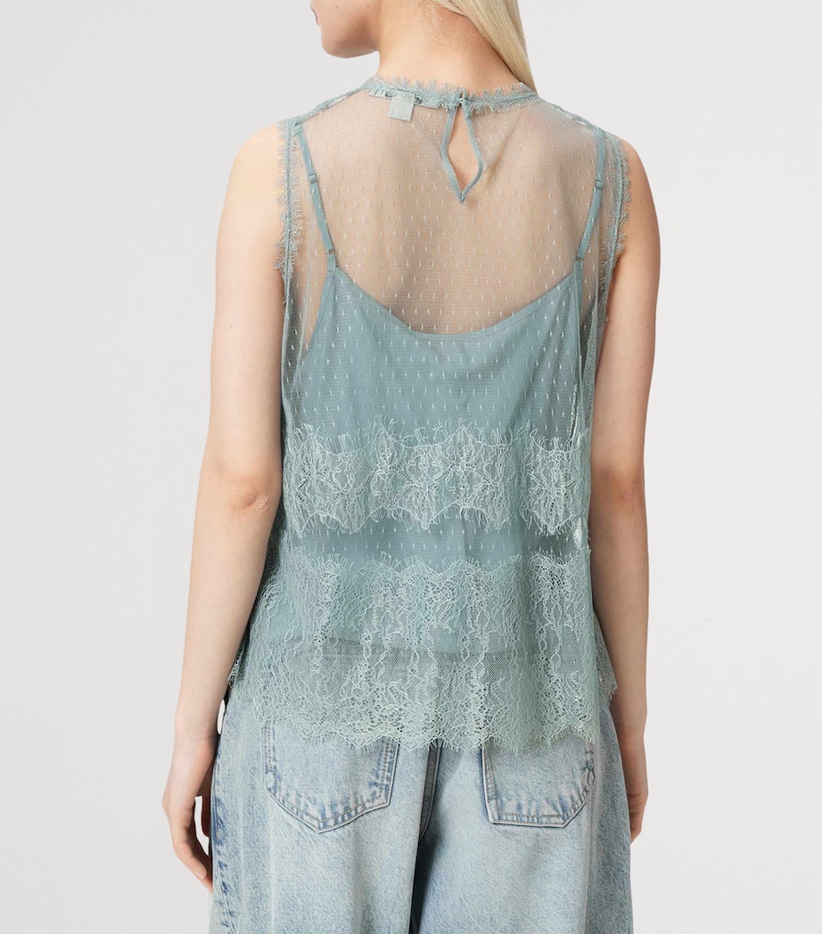 AllSaints Womens Tulle Lace-Trimmed Clara Blouse Dusty Blue Image 4