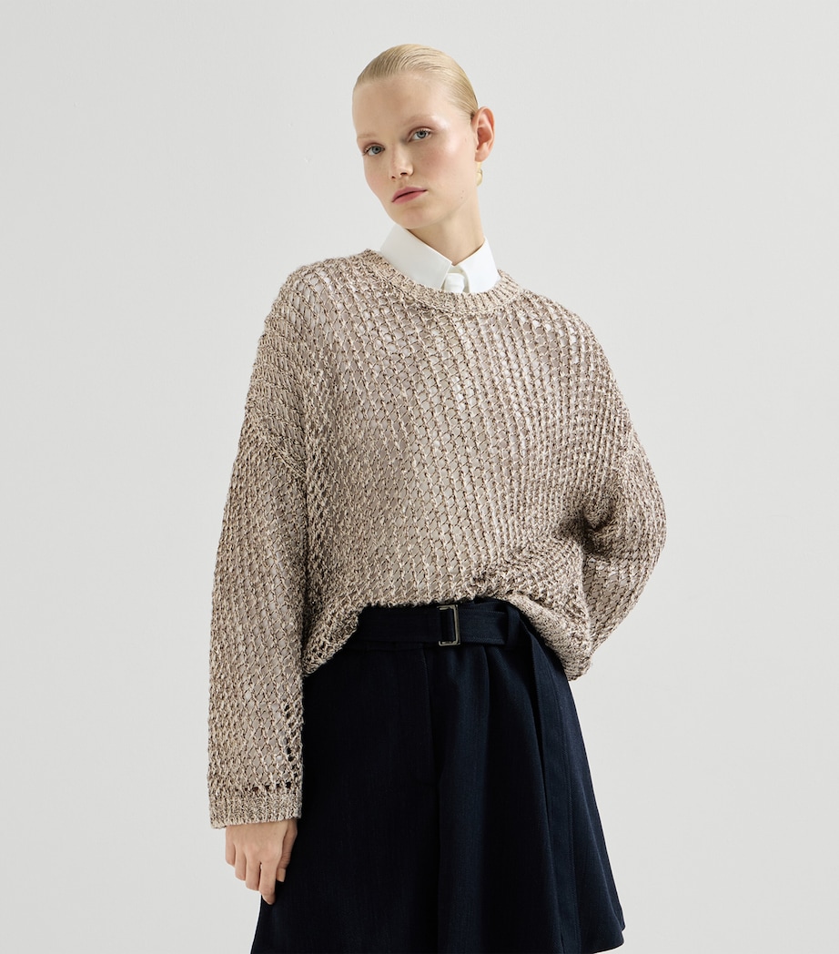 Brunello Cucinelli Womens Silk-Linen-Blend Net Sweater Image 3