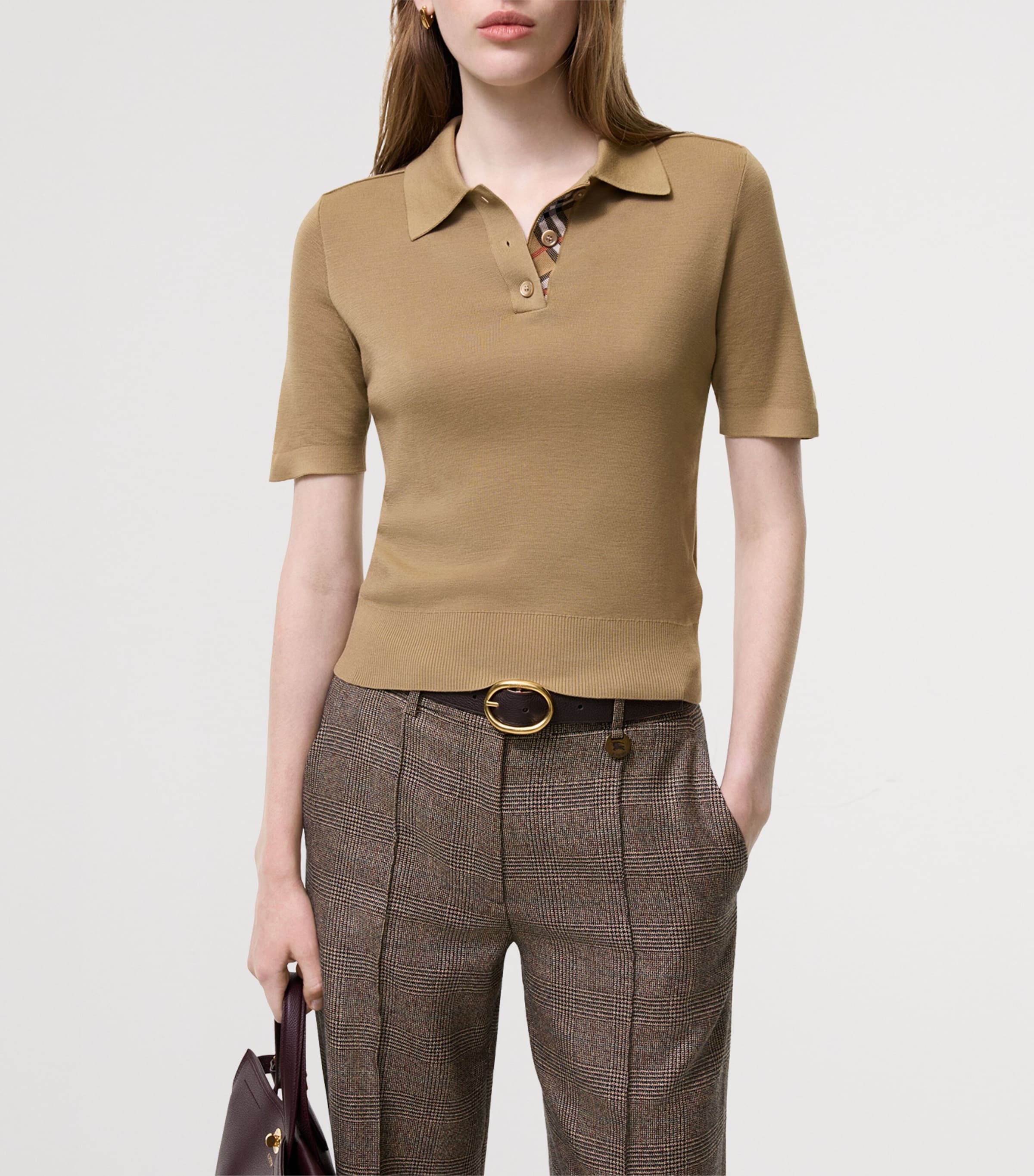 Burberry Womens Wool Check-Detail Polo Shirt Flax Image 2