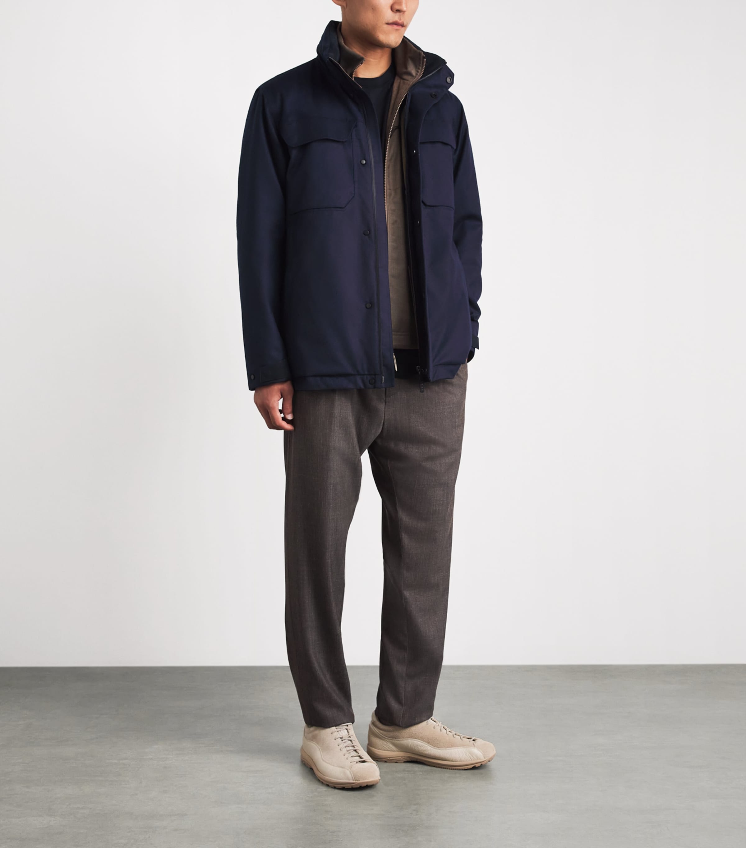 Sease Mens Laminated Virgin Wool-Cashmere Field Jacket Navy Blue Image 2