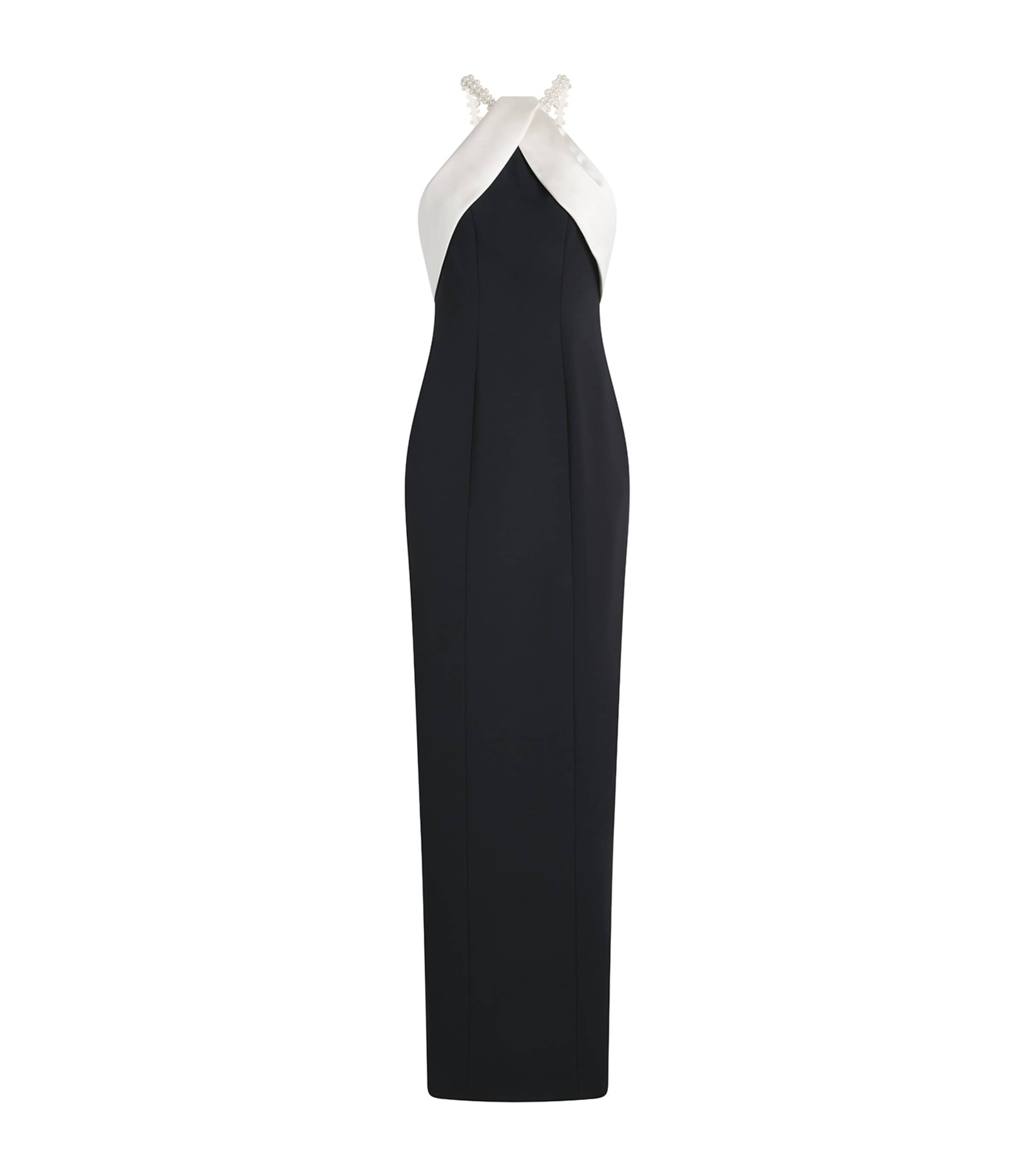 Pamella Roland Satin Beaded Halterneck Gown In Black