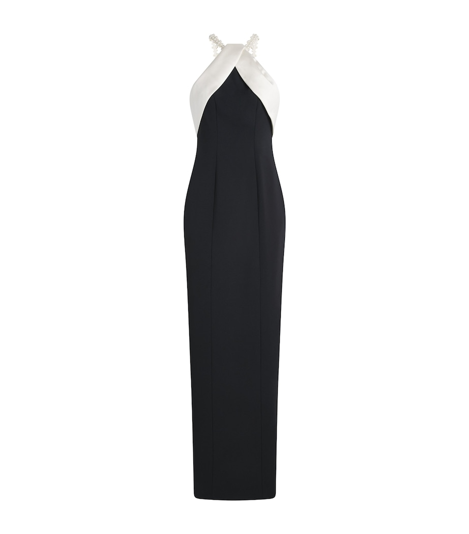 Pamella Roland Womens Satin Beaded Halterneck Gown Black/white Image 1