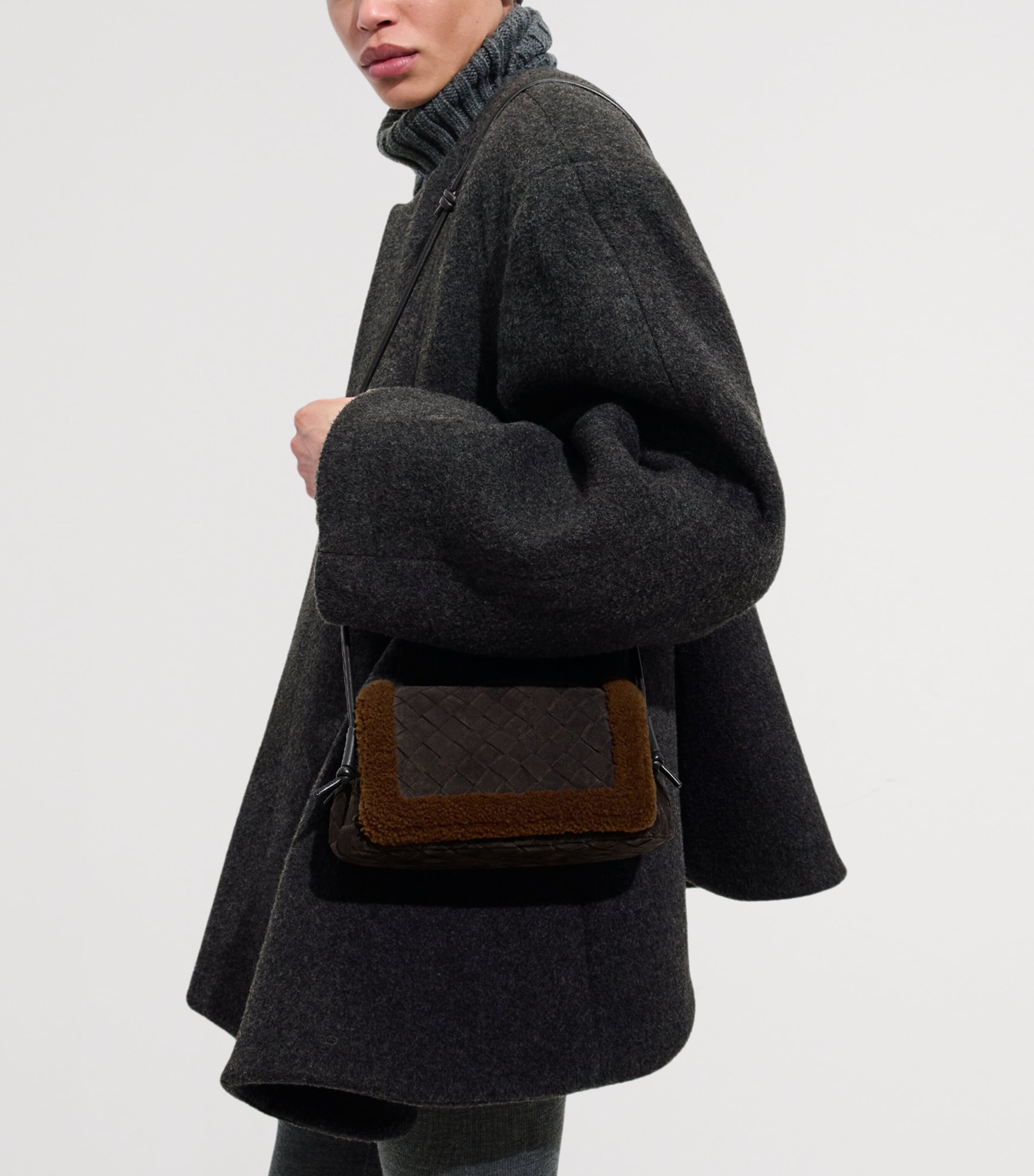 Bottega Veneta Grey Shearling Notturno Flap Cross-Body Bag
