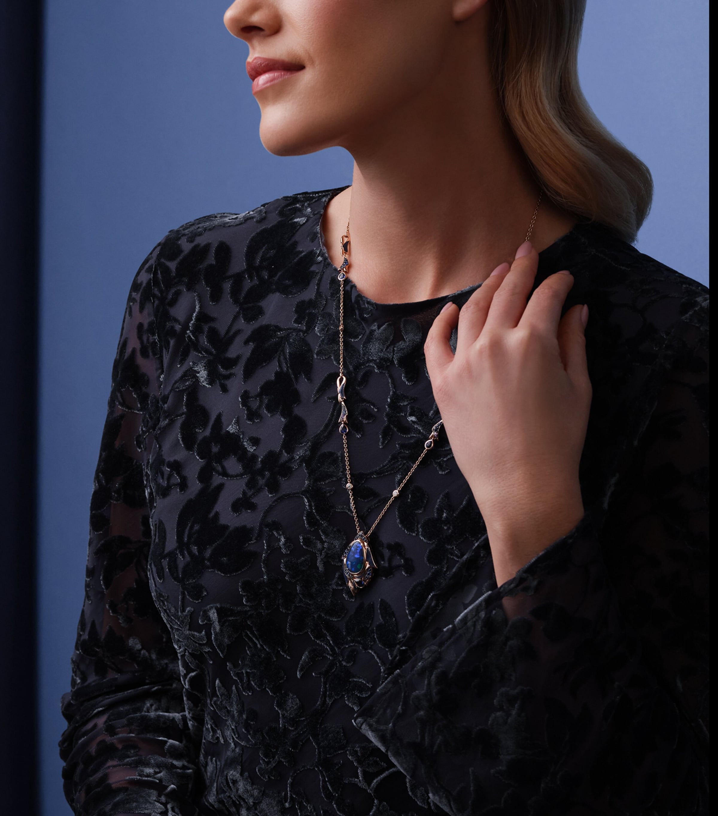 Boodles Rose Gold, Diamond, Opal and Sapphire The Palace Collection Raven's Watch Pendant Blue Image 2