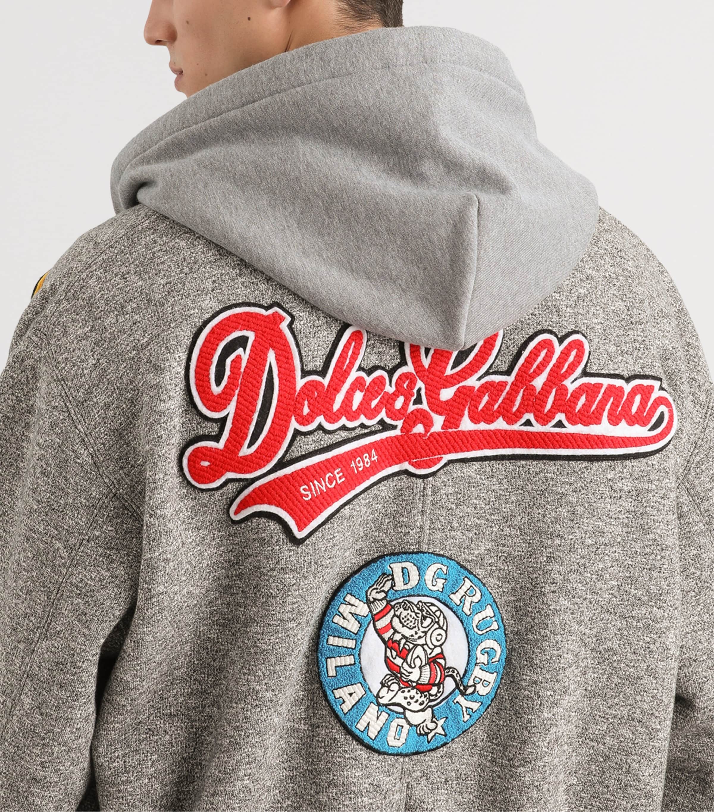 Dolce&Gabbana Mens Stretch-Cotton Fleece Patch Bomber Jacket Melange Grey Image 5