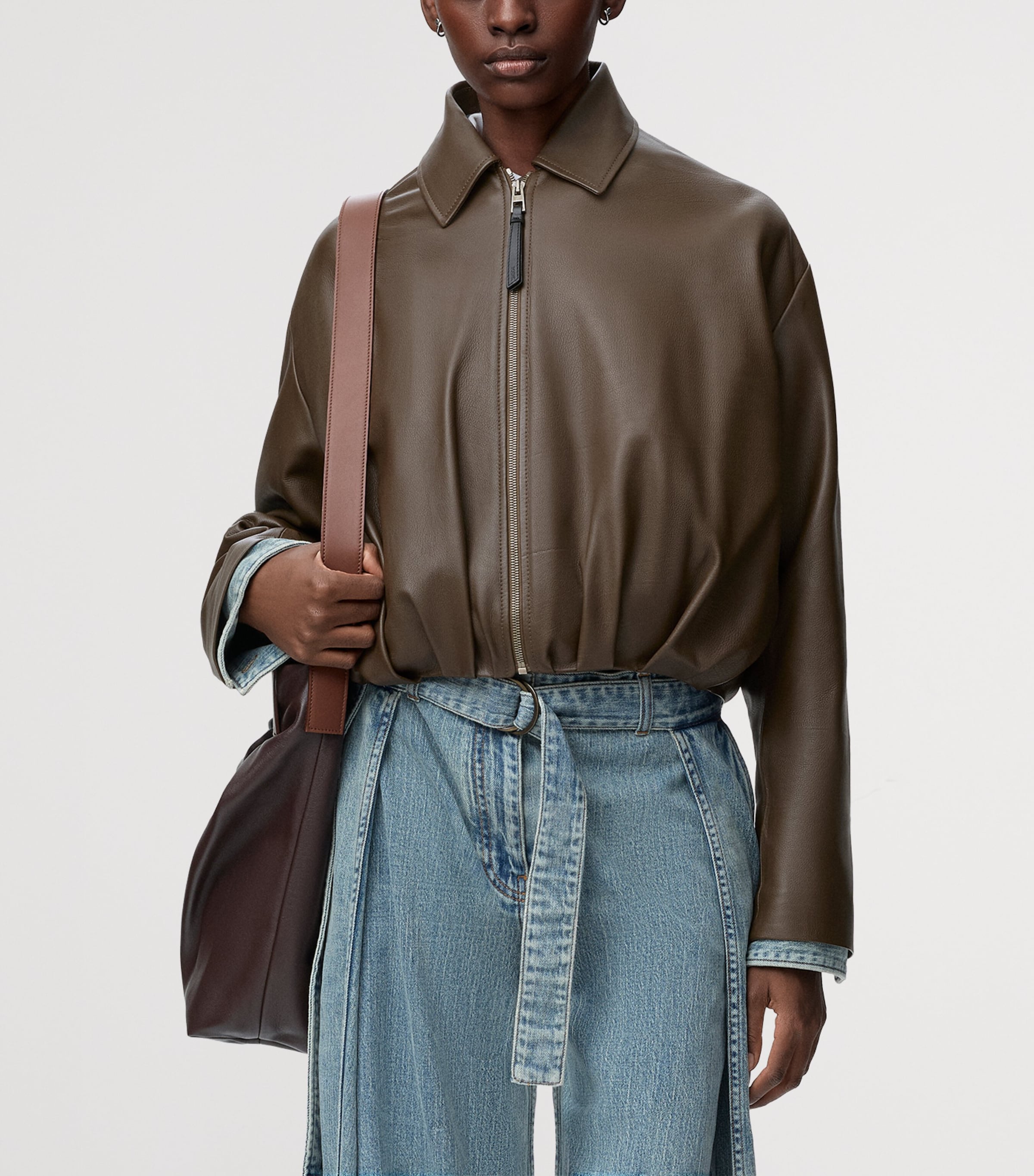 Calfskin Draped Bomber Jacket DARK GREEN Image 3