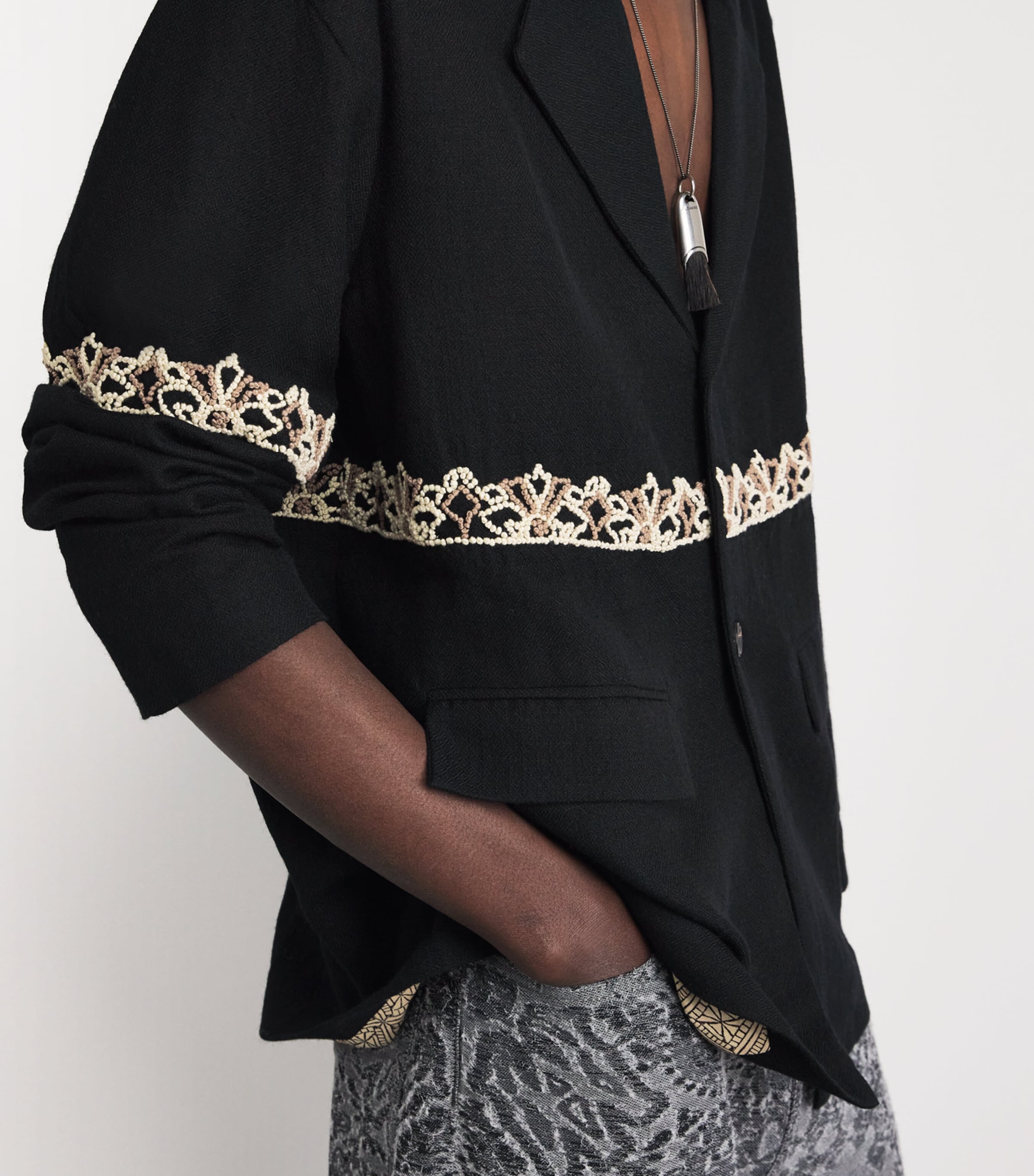 Kartik Research Mens Wool Embroidered Blazer Black/ Ecru/ Beige Image 3