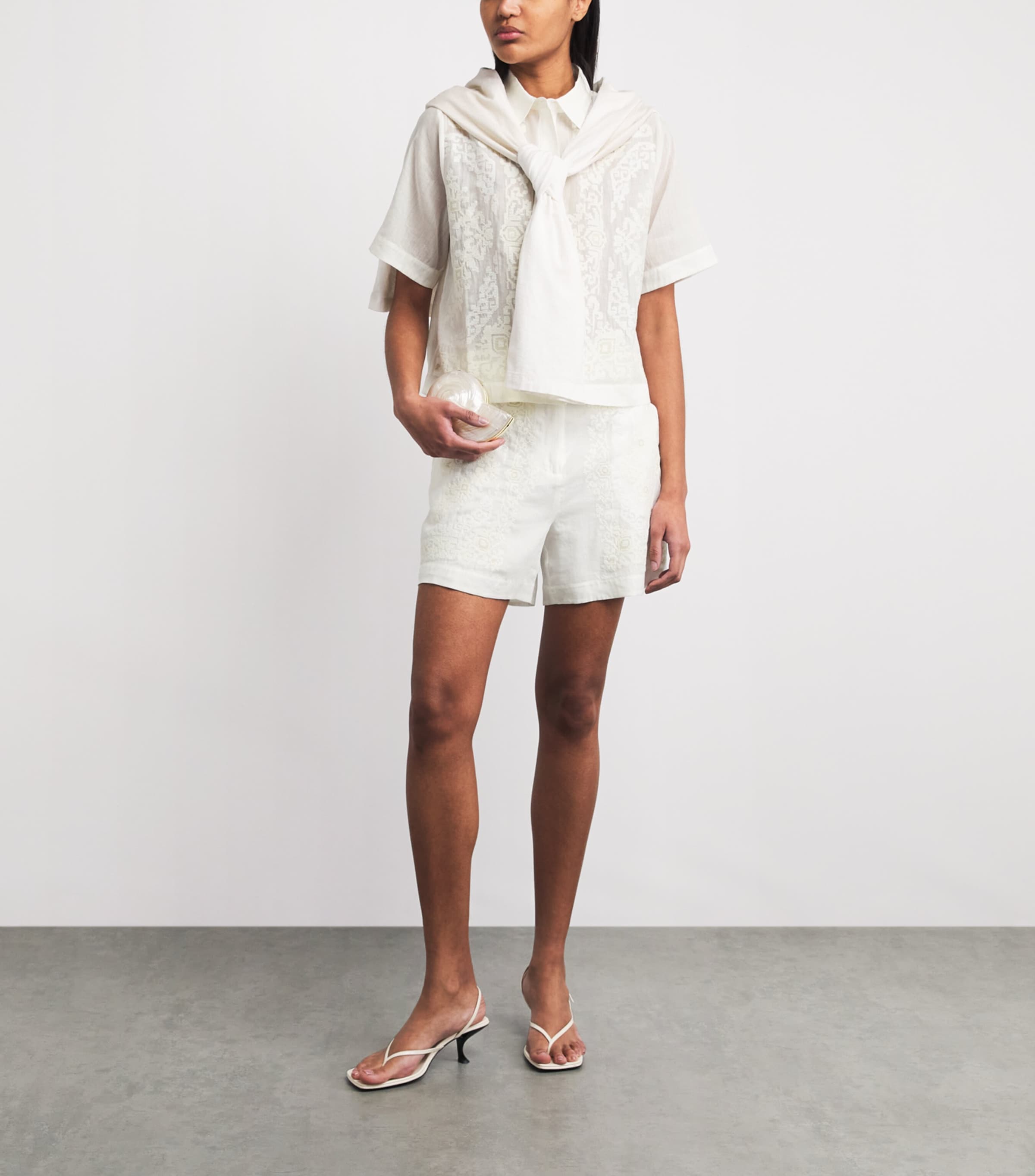 Claudie Pierlot Womens Cotton-Ramie Cross-Stitch Shorts Ecru Image 2