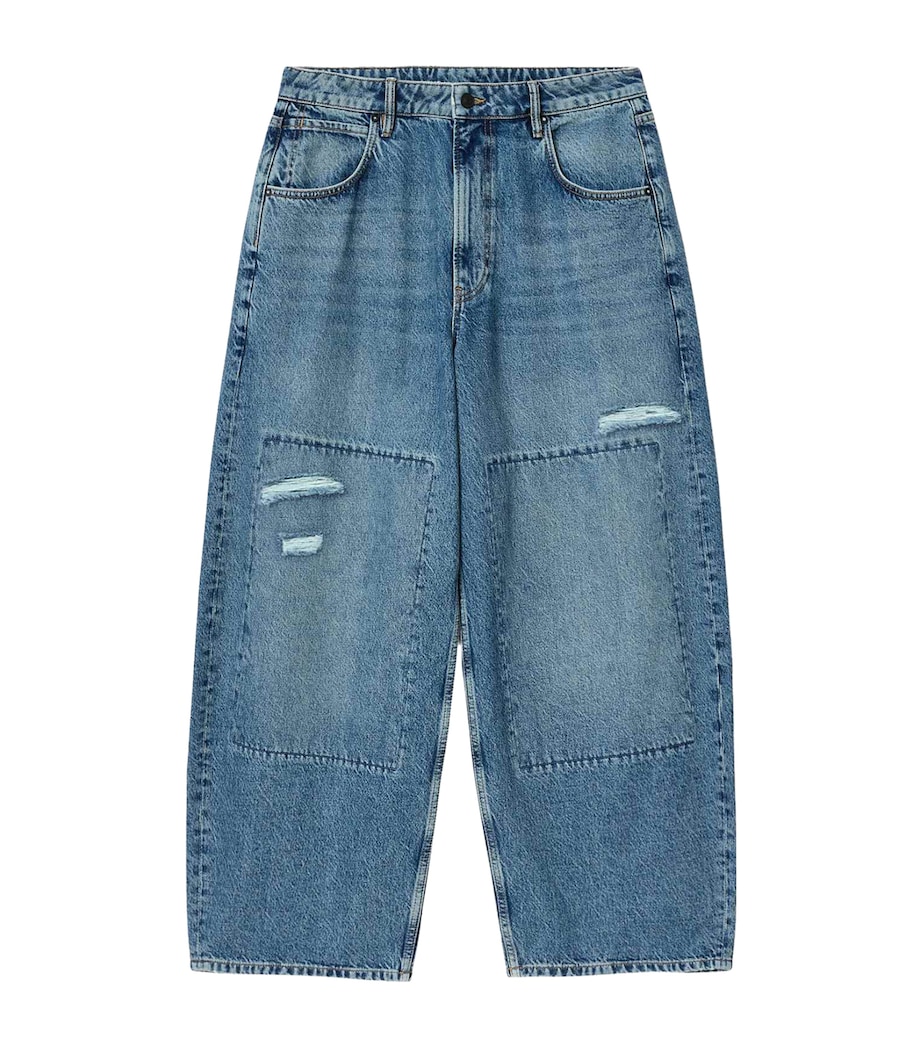 AllSaints Mens Slouch Barrel-Leg Jeans Destroy Mid Indigo Image 1