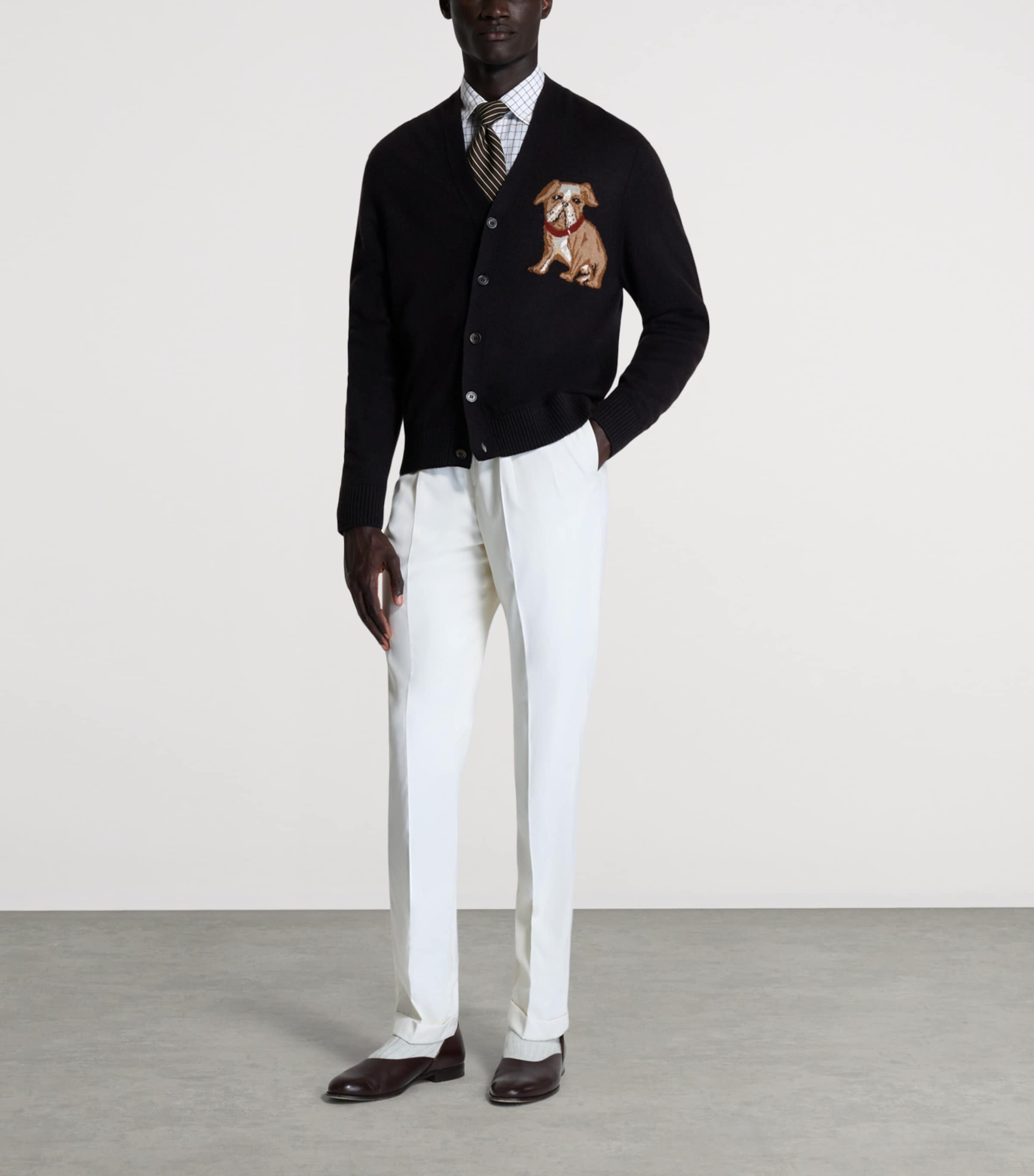 Dunhill Mens Cashmere-Linen V-Neck Cardigan Brown Image 2