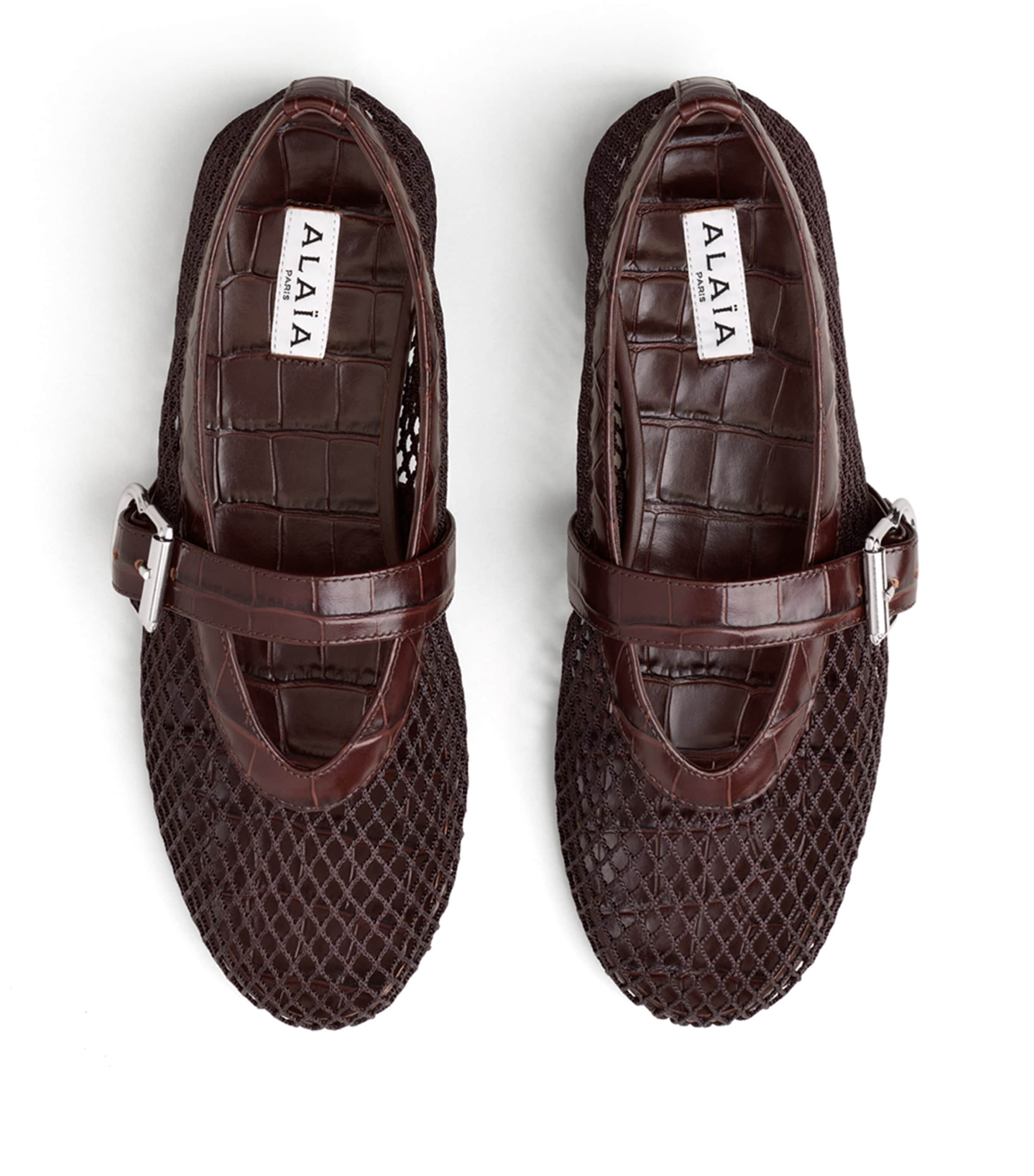 Alaïa Croc-Embossed Leather Mesh Ballet Flats Dark Brown Image 2