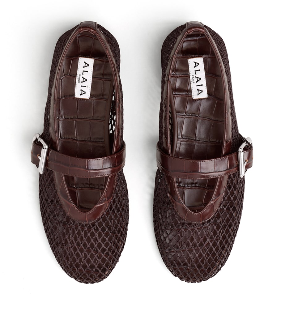 Alaïa Croc-Embossed Leather Mesh Ballet Flats Dark Brown Image 2