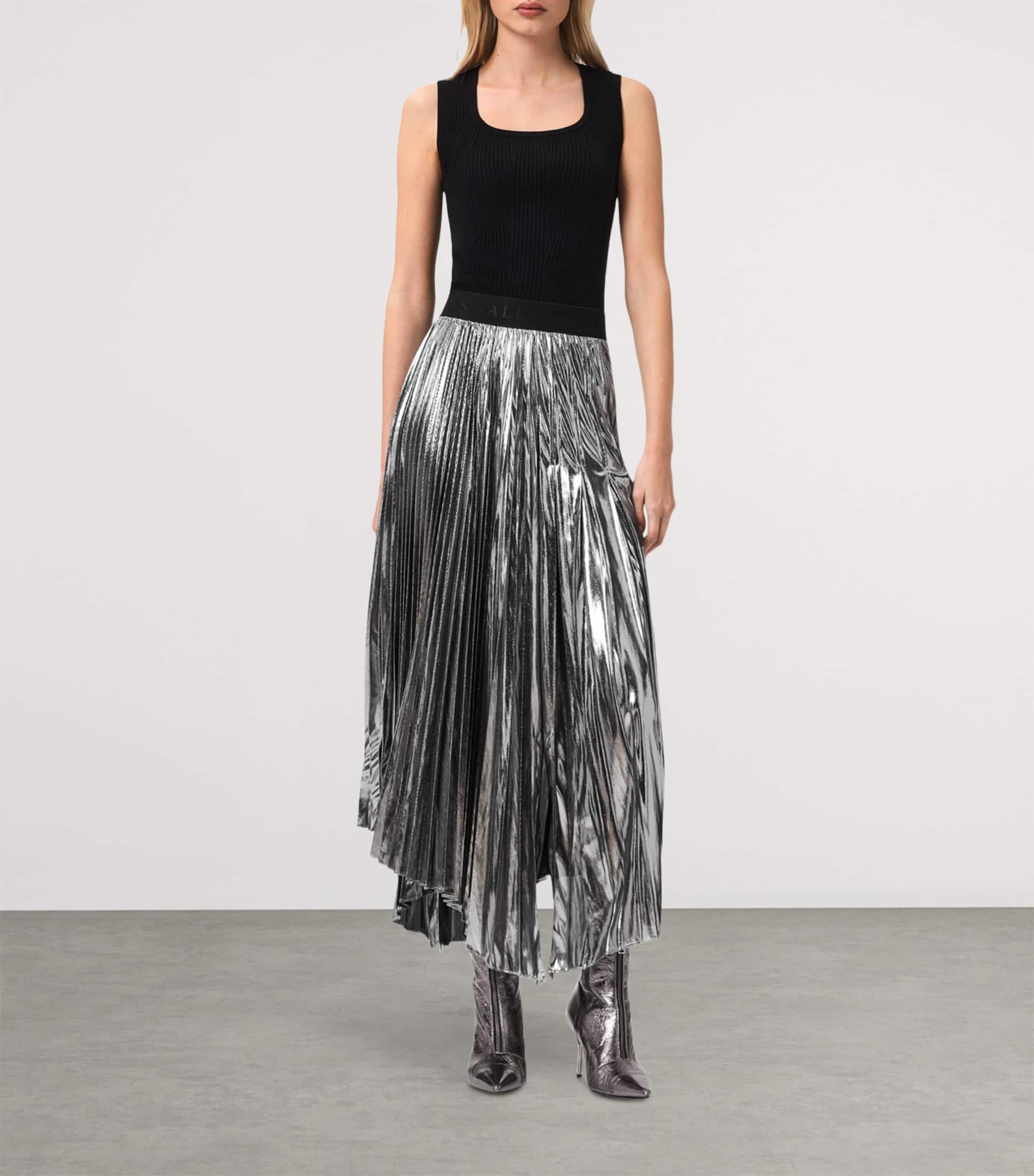 AllSaints Womens Pleated Jax Maxi Skirt Metallic Silver Image 3