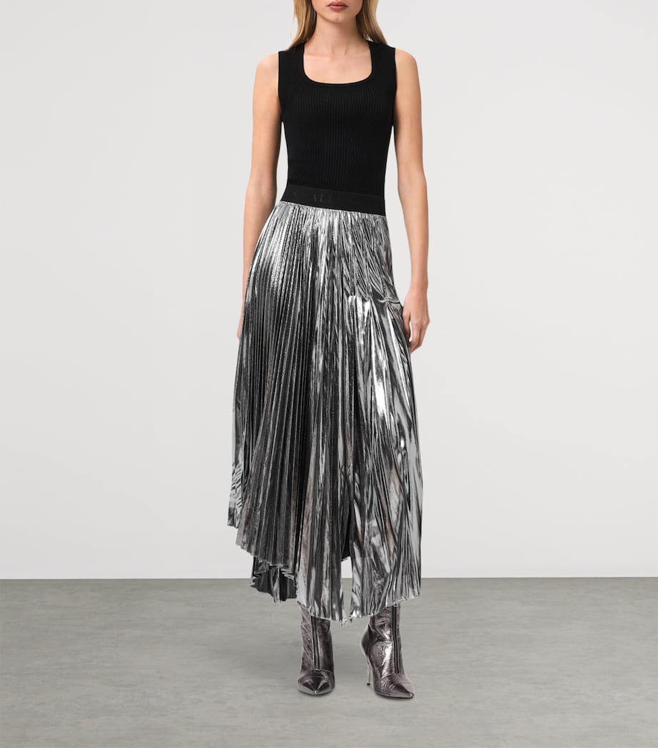 AllSaints Womens Pleated Jax Maxi Skirt Metallic Silver Image 3